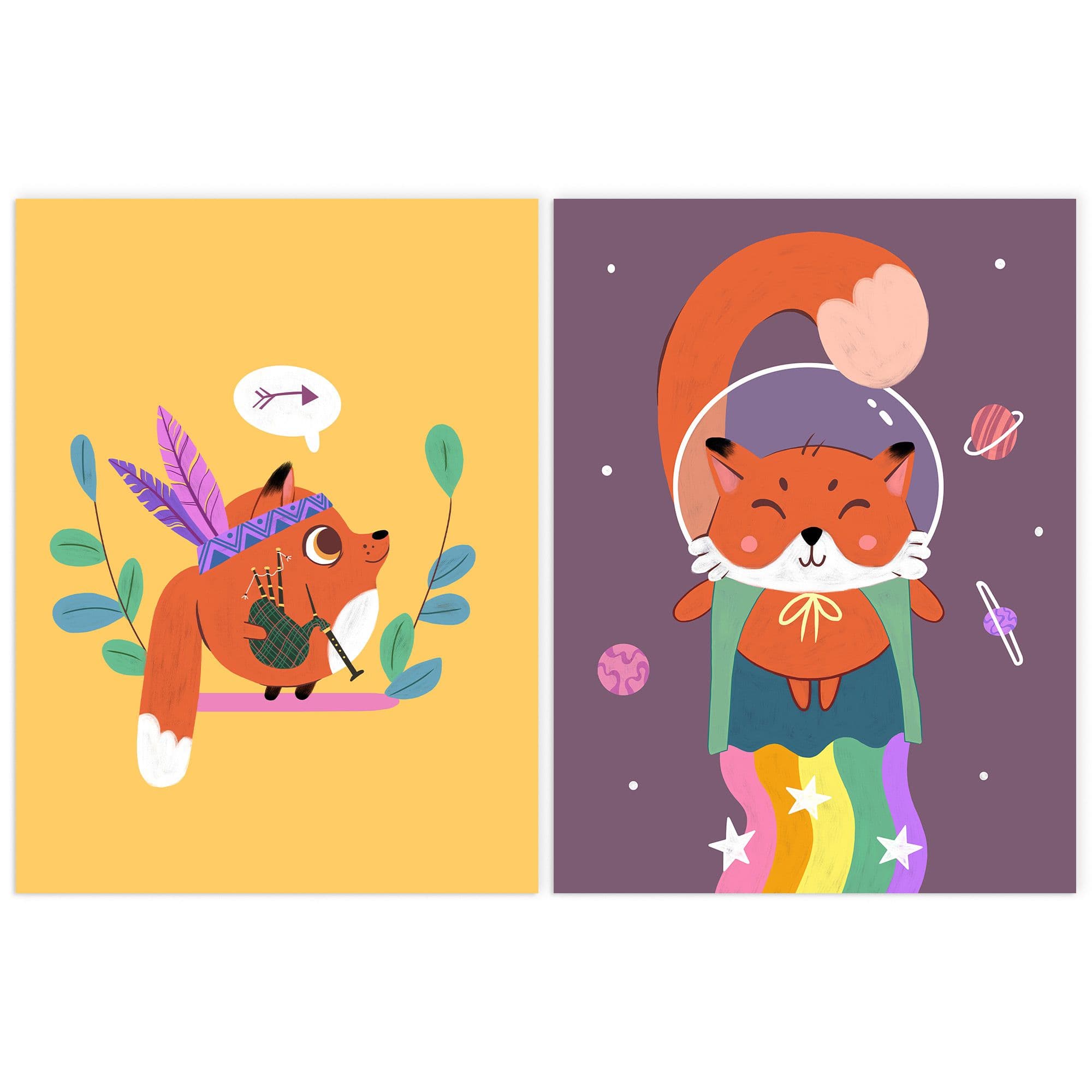 Wall Art Print Pack of 2 A4 Fun Cute Fox Kids Bedroom Native American Rainbow Superhero Colourful Living Room s Set
