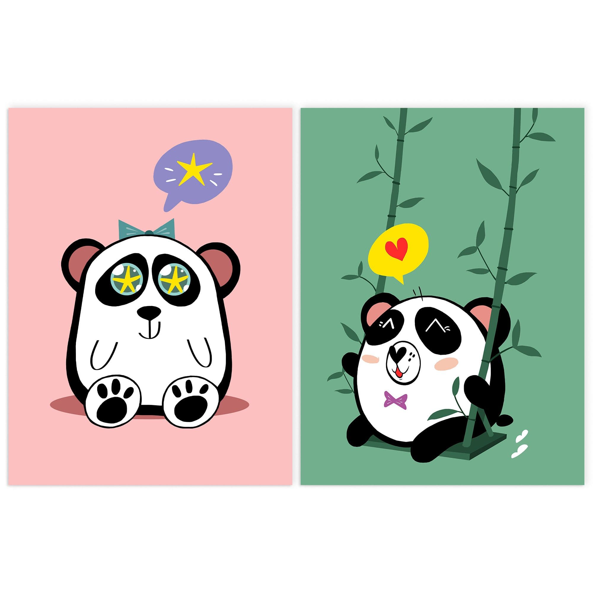 Wall Art Print Pack 2 A4 Bedroom Cute Kawaii Pink Panda Animal Living Room s Set