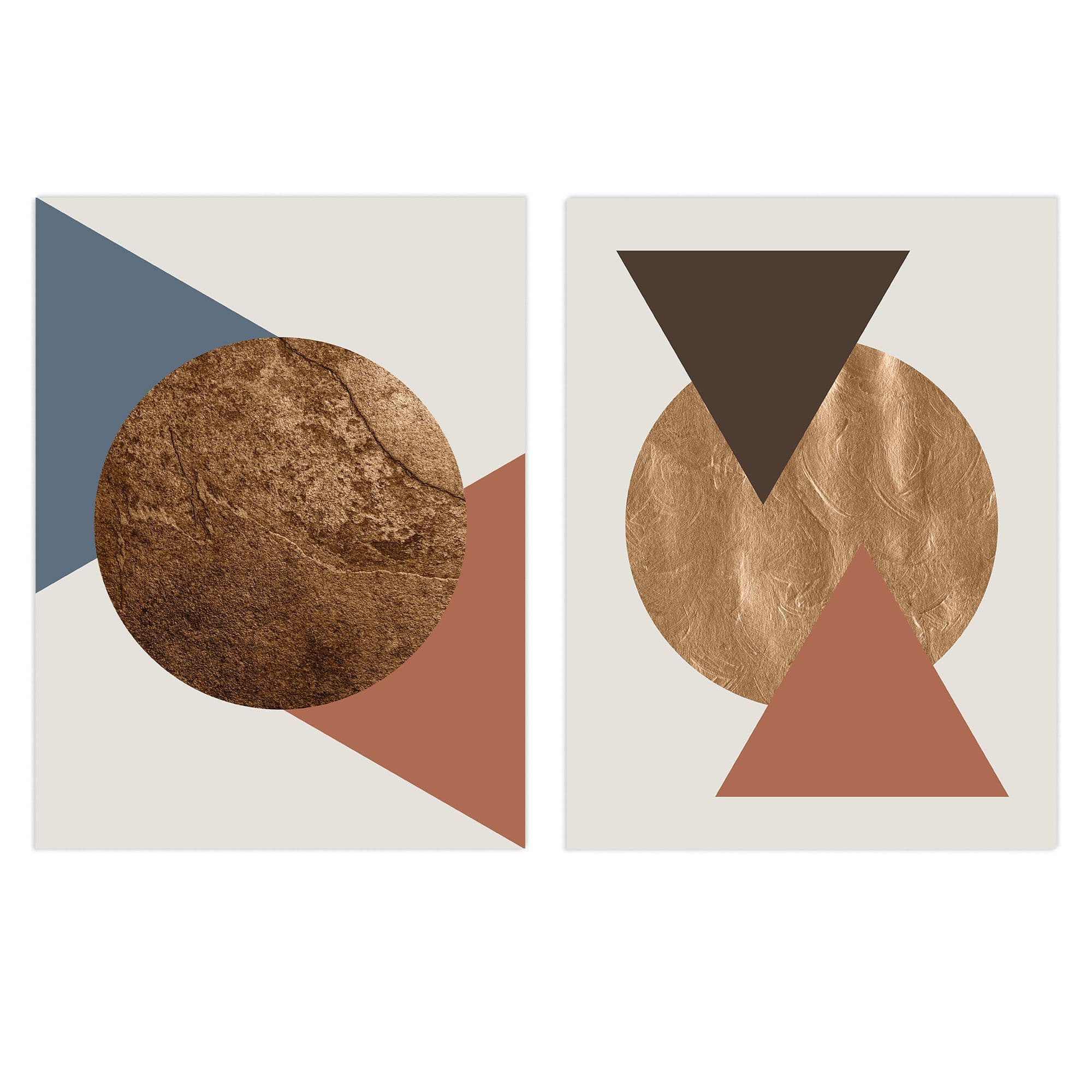 Wall Art Print Pack of 2 A4 Copper Terracotta Blue Circle and Triangles Boho Shapes Modern Abstract Geometric Living Room s Set