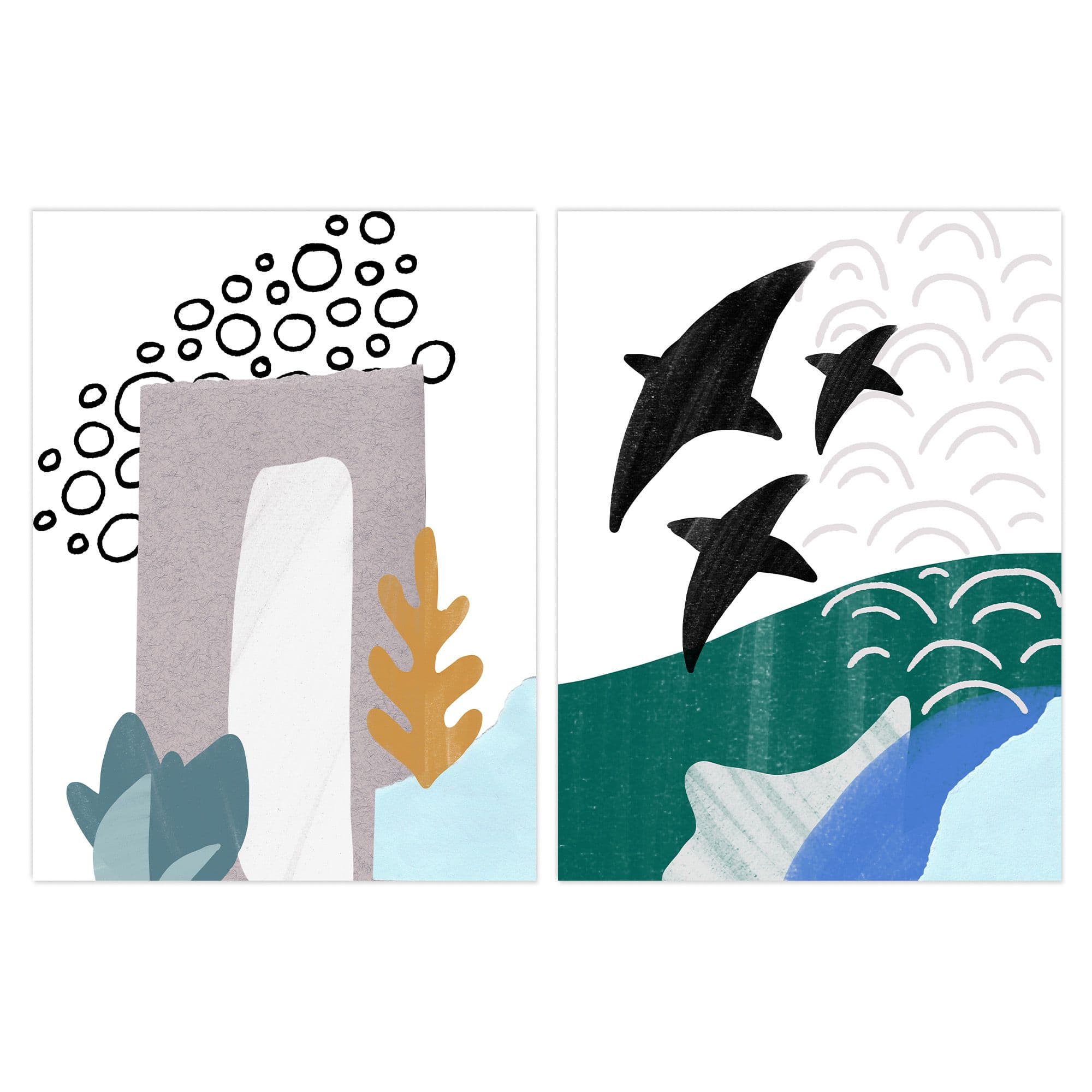Wall Art Print Pack 2 A4 Abstract Underwater Aquatic Landscape Flying Fish Pastel Naive Living Room s Set