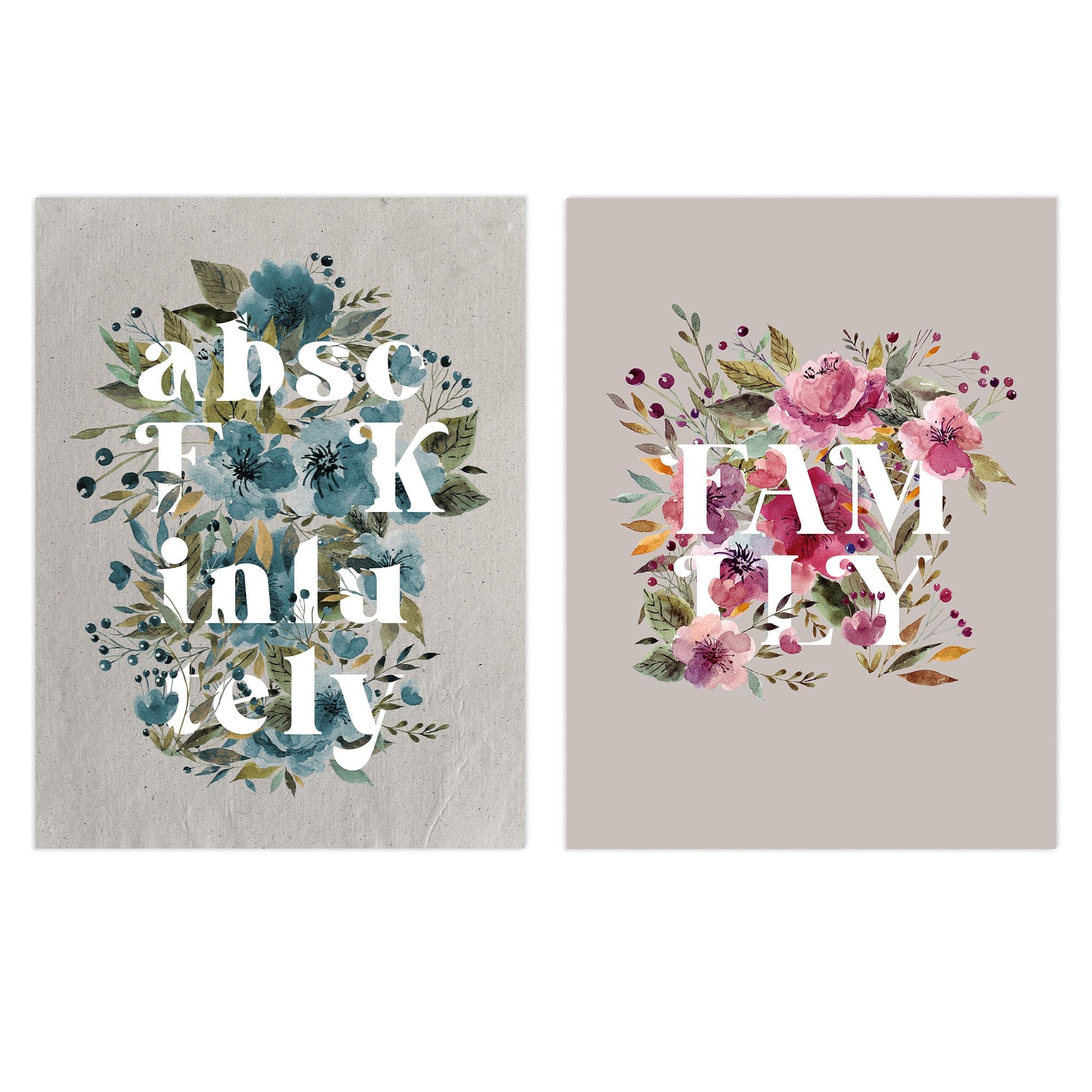 Wall Art Print Pack of 2 A4 Family Boho Flowers and Typography Floral Pink and Blues Modern Living Room s Set