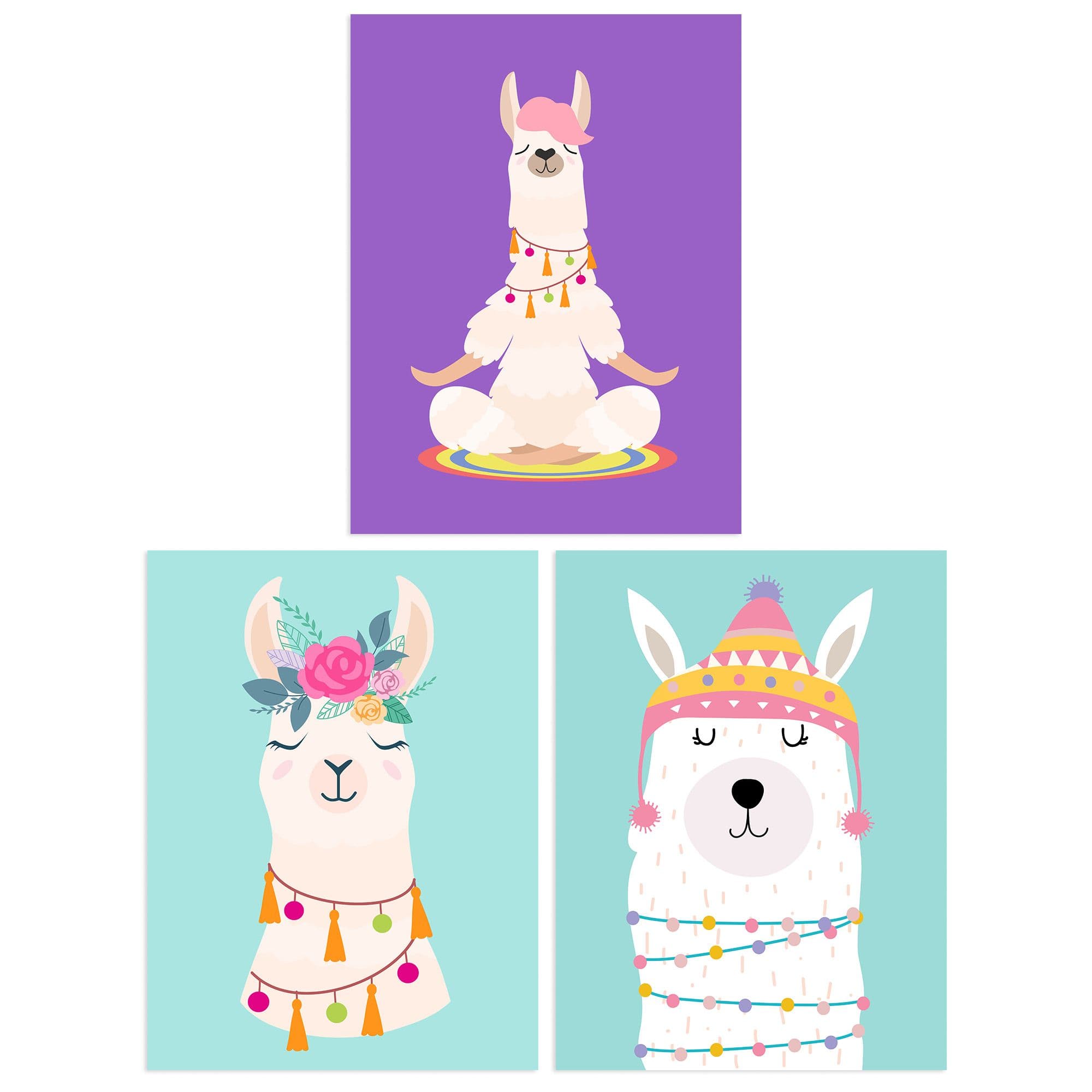 Wall Art Print Pack of 3 A4 Kids Bedroom Cute Happy Llama Yoga Meditation Bright Purple and Pastel Blue Living Room s Set
