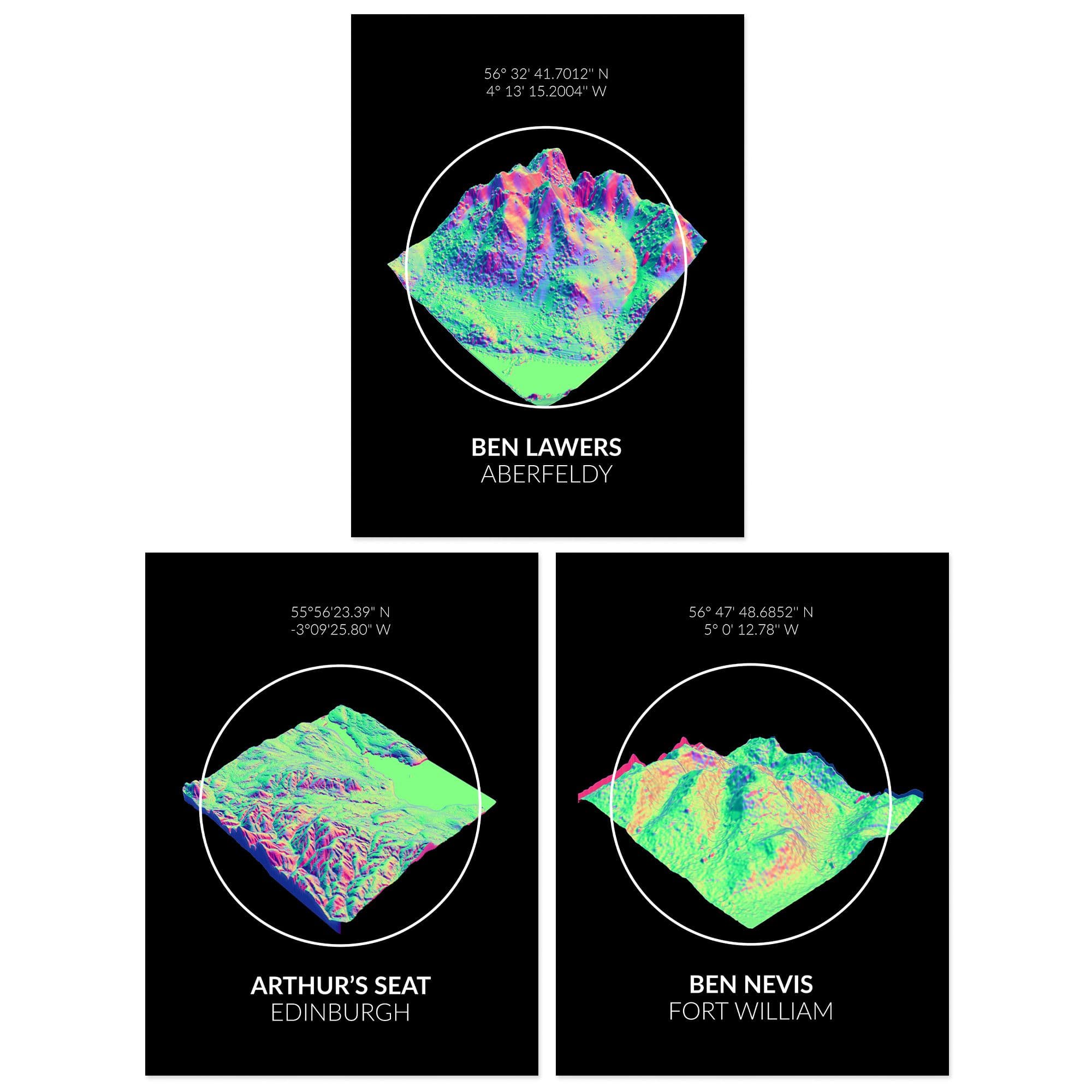 Wall Art Print Pack of 3 A4 Neon Scottish Hill and Mountain Topography Maps Ben Lawers Aberfeldy Living Room s Set