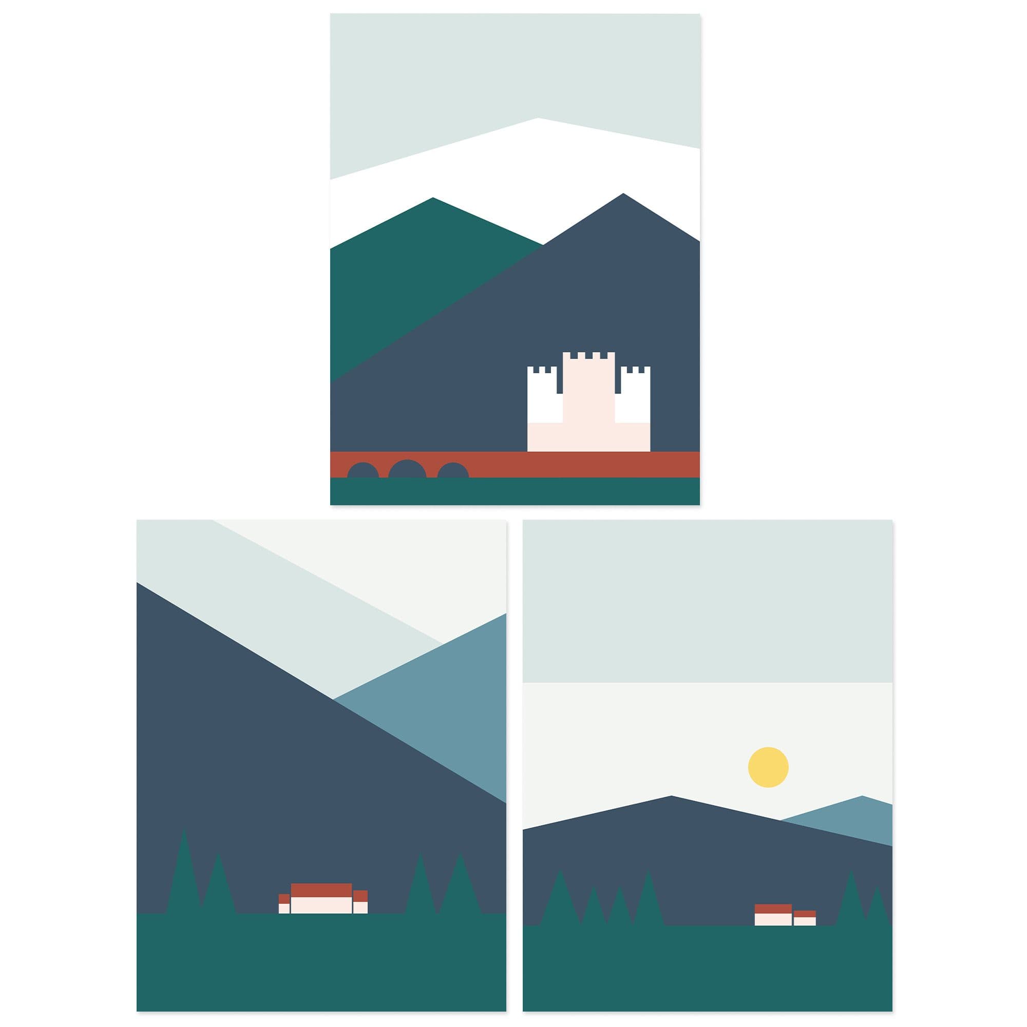 Wall Art Print Pack 3 A4 Geometric Bold Scottish Mountain Countryside House Castle Landscape Living Room s Set
