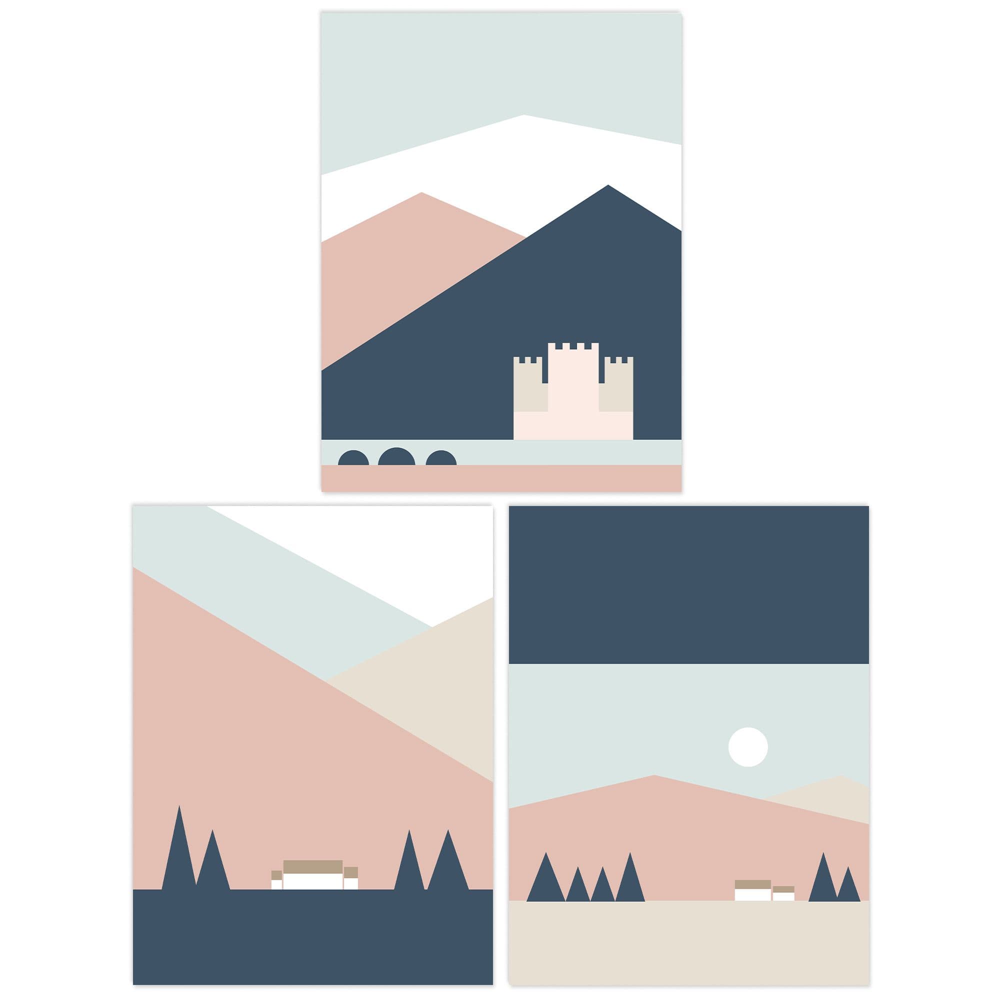 Wall Art Print Pack 3 A4 Pastel Scottish Mountain Countryside House Castle Geometric Landscape Living Room s Set