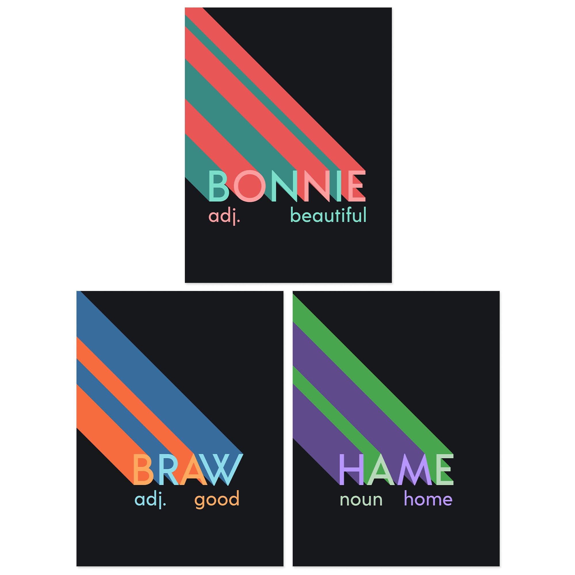 Wall Art Print Pack of 3 A4 Retro Style Typography Beautiful Good Home Bonnie Braw Hame Scottish Word Colourful Living Room s Set