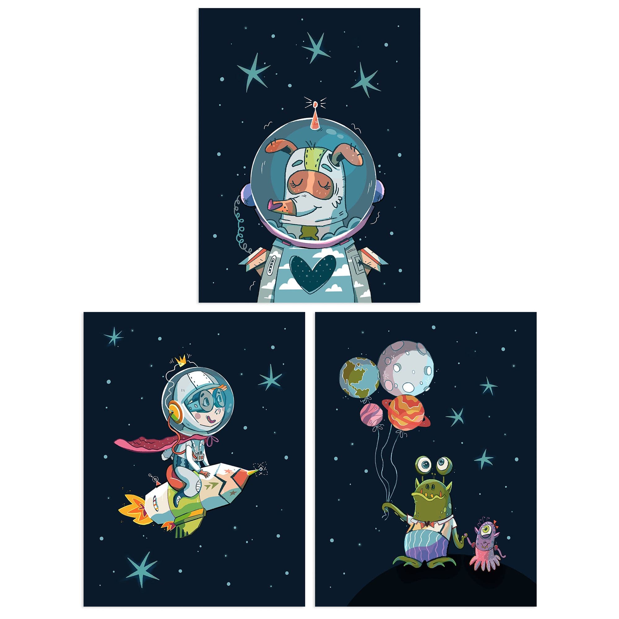 Wall Art Print Pack 3 A4 Astronaut Bedroom Pet Dog Aliens Fun Space Theme Colourful Living Room s Set
