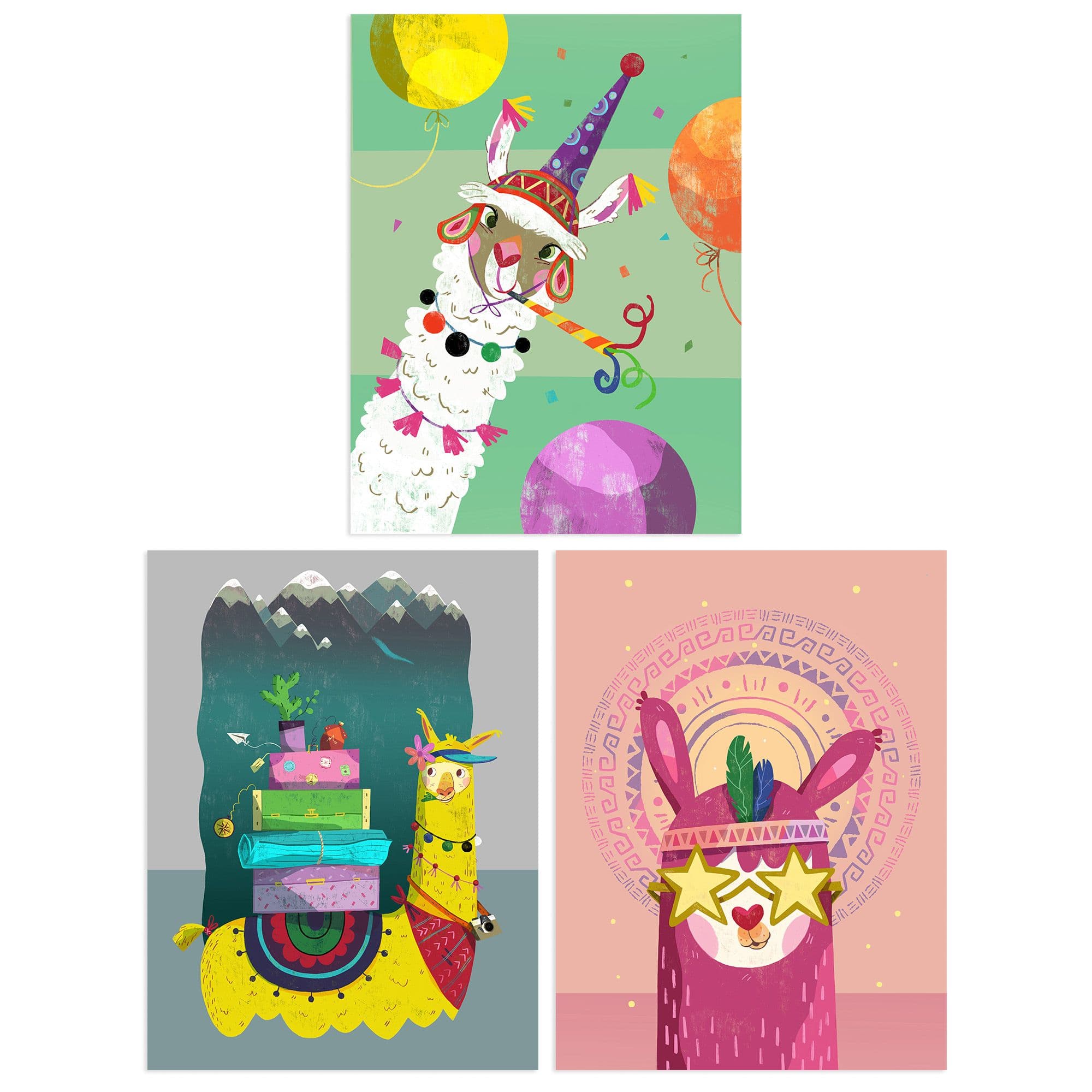 Wall Art Print Pack of 3 A4 Kids Bedroom Llama Cool White Yellow Pink Camping Party Colourful Living Room s Set