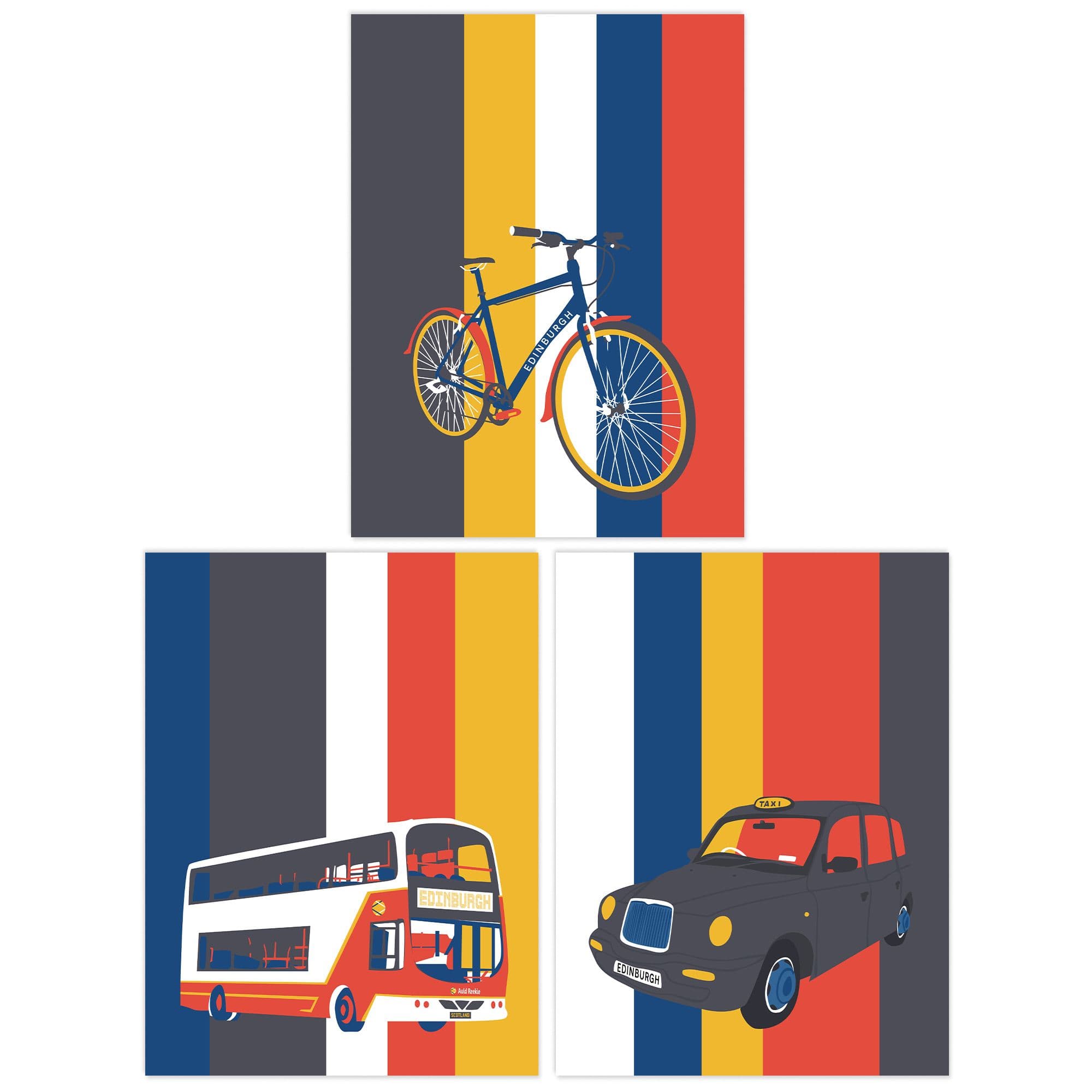 Wall Art Print Pack 3 A4 Edinburgh Transport Bicycle Bus Taxi Car Cab Transportation Retro Living Room s Set