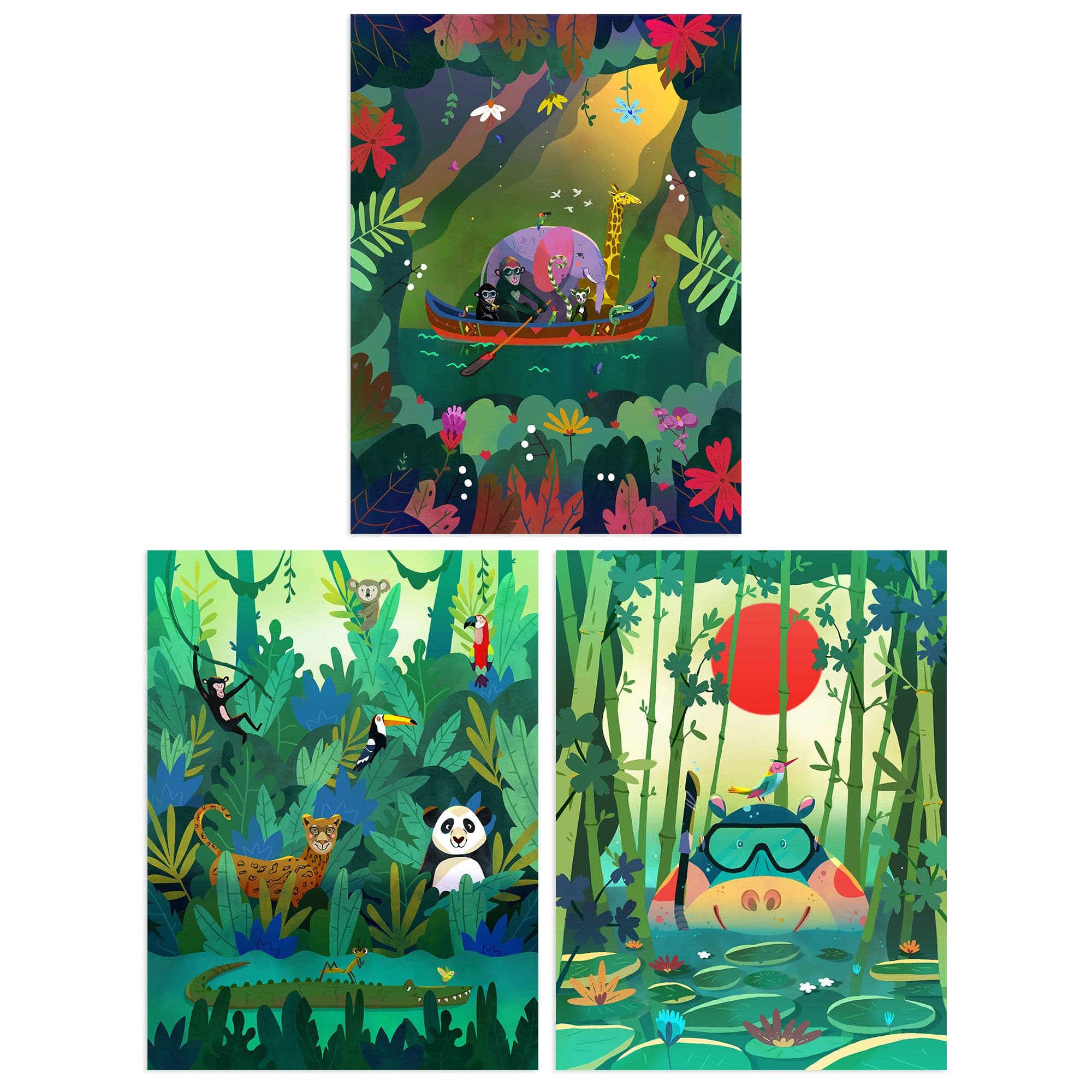 Wall Art Print Pack of 3 A4 Kids Bedroom Jungle Adventure Amazon Rain Forest Animals Colourful Living Room s Set