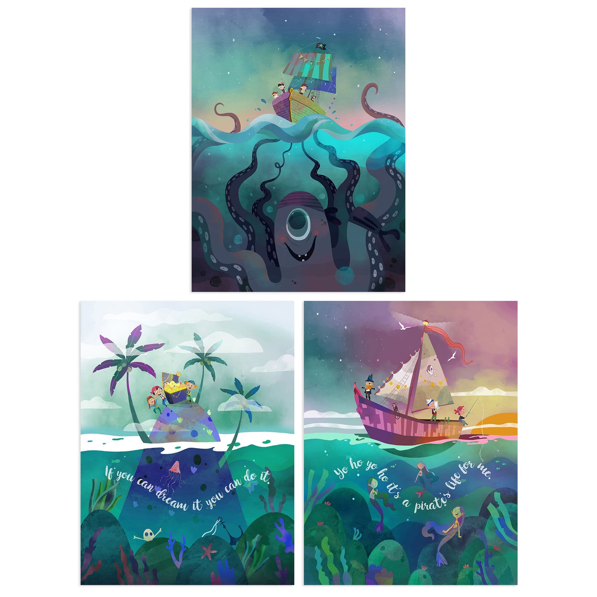 Wall Art Print Pack 3 A4 Bedroom Sailor Sea Pirate Treasure Fun Adventure Colourful Nautical Living Room s Set
