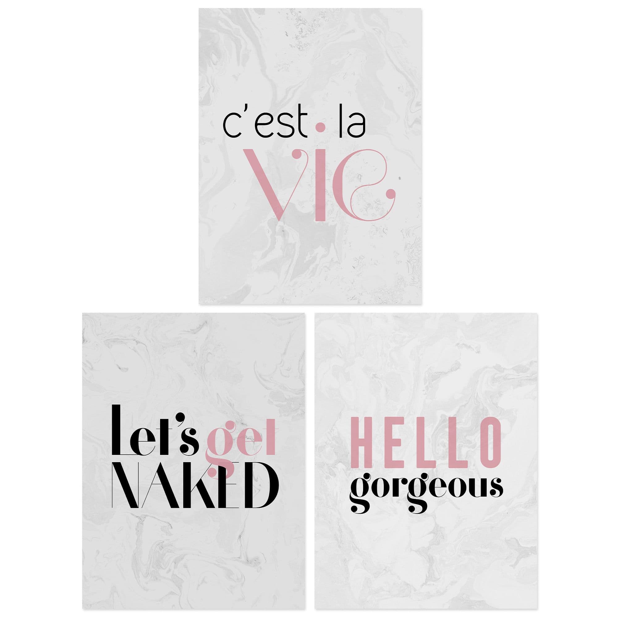Wall Art Print Pack of 3 A4 Stylish Modern Bedroom Art Hello Gorgeous Ce La Vie Cheeky Stylish Black Pink Marble Typography Living Room s Set