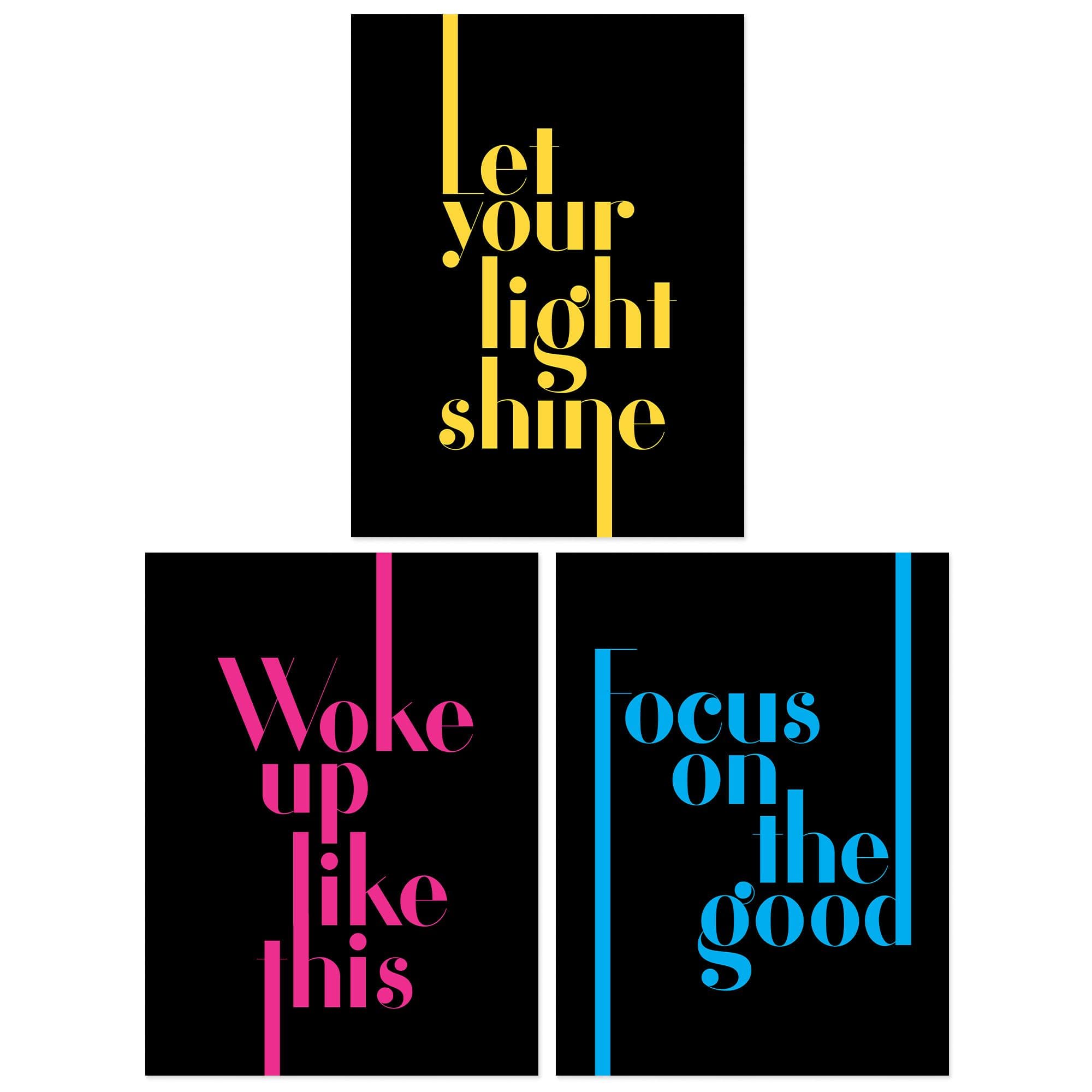 Wall Art Print Pack 3 A4 Neon Typography Let Your Light Shine Woke Up Like This Focus On Good Motivational Fun Quote Living Room s Set
