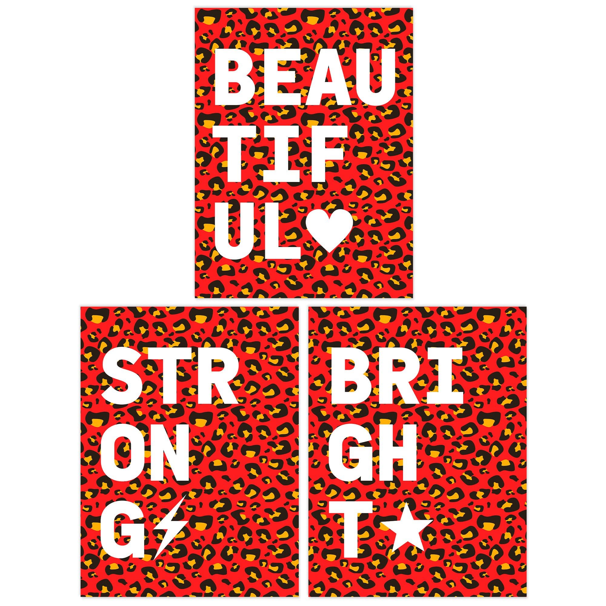 Wall Art Print Pack of 3 A4 Beautiful Strong Bright Typography on Red and Orange Leopard Pattern Motivational Living Room s Set