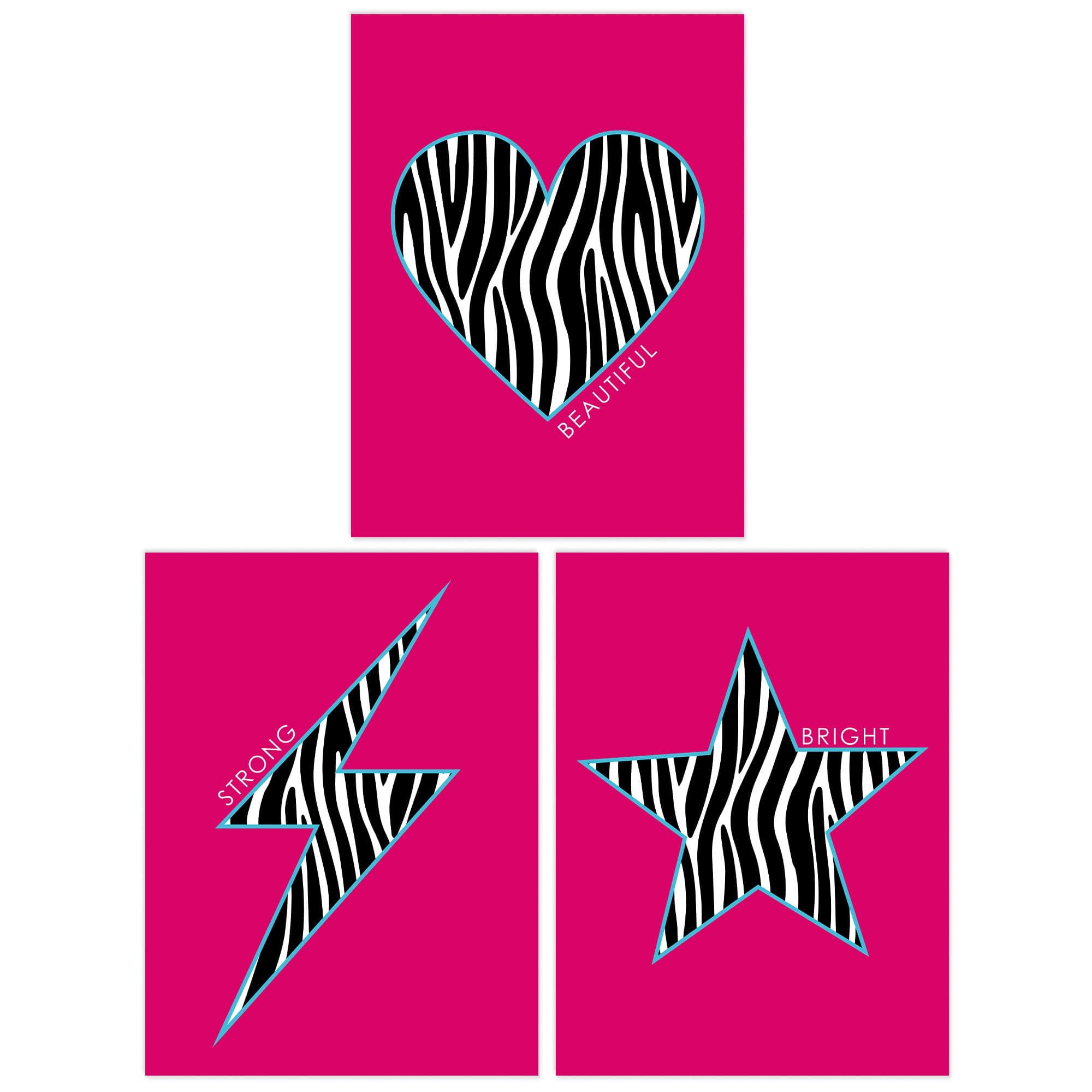 Wall Art Print Pack of 3 A4 Zebra Pattern Heart Lightning Star Shape On Block Hot Pink Motivational Living Room s Set