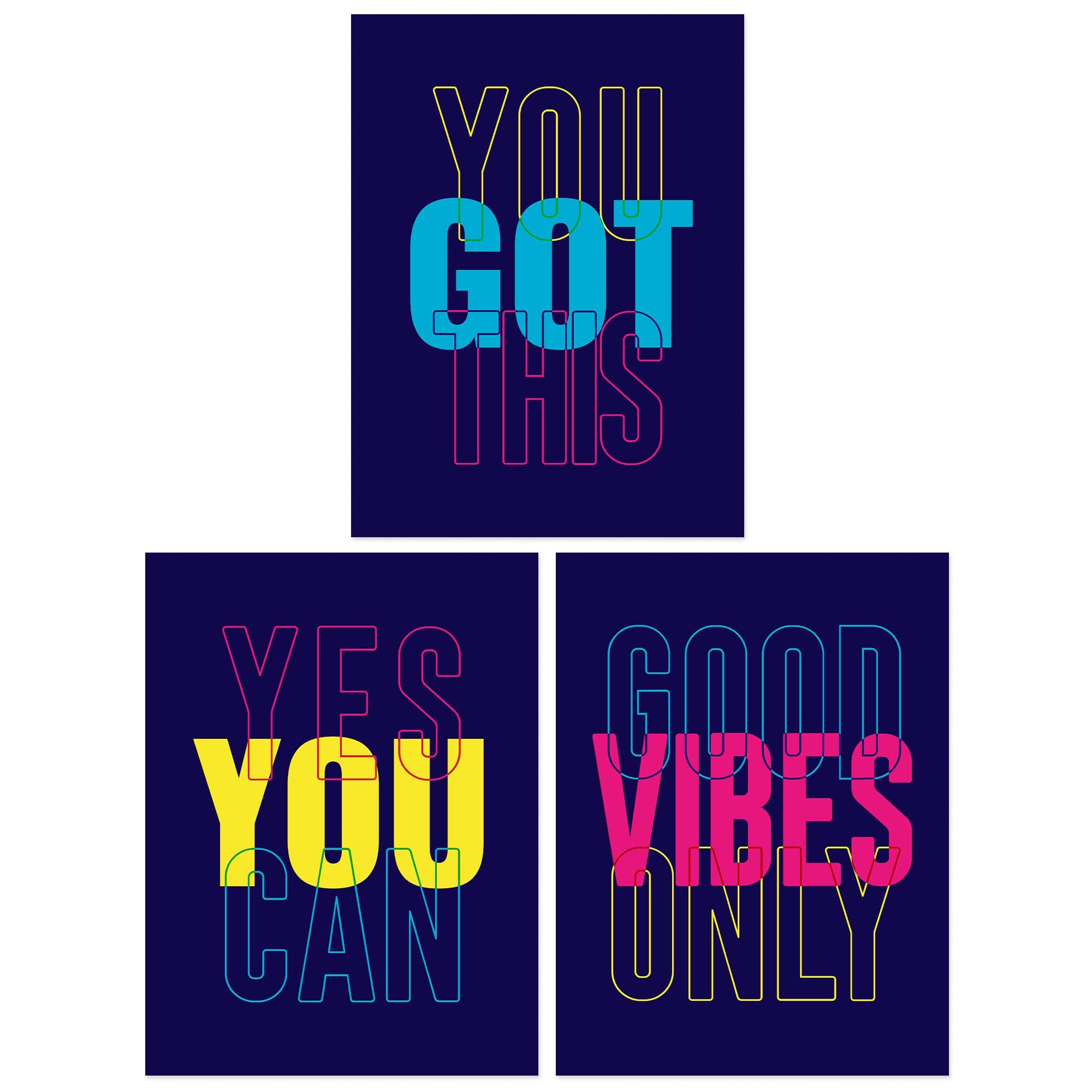 Wall Art Print Pack 3 A4 Good Vibes You Got This Yes You Can Colourful Neon Typography Motivational Living Room s Set