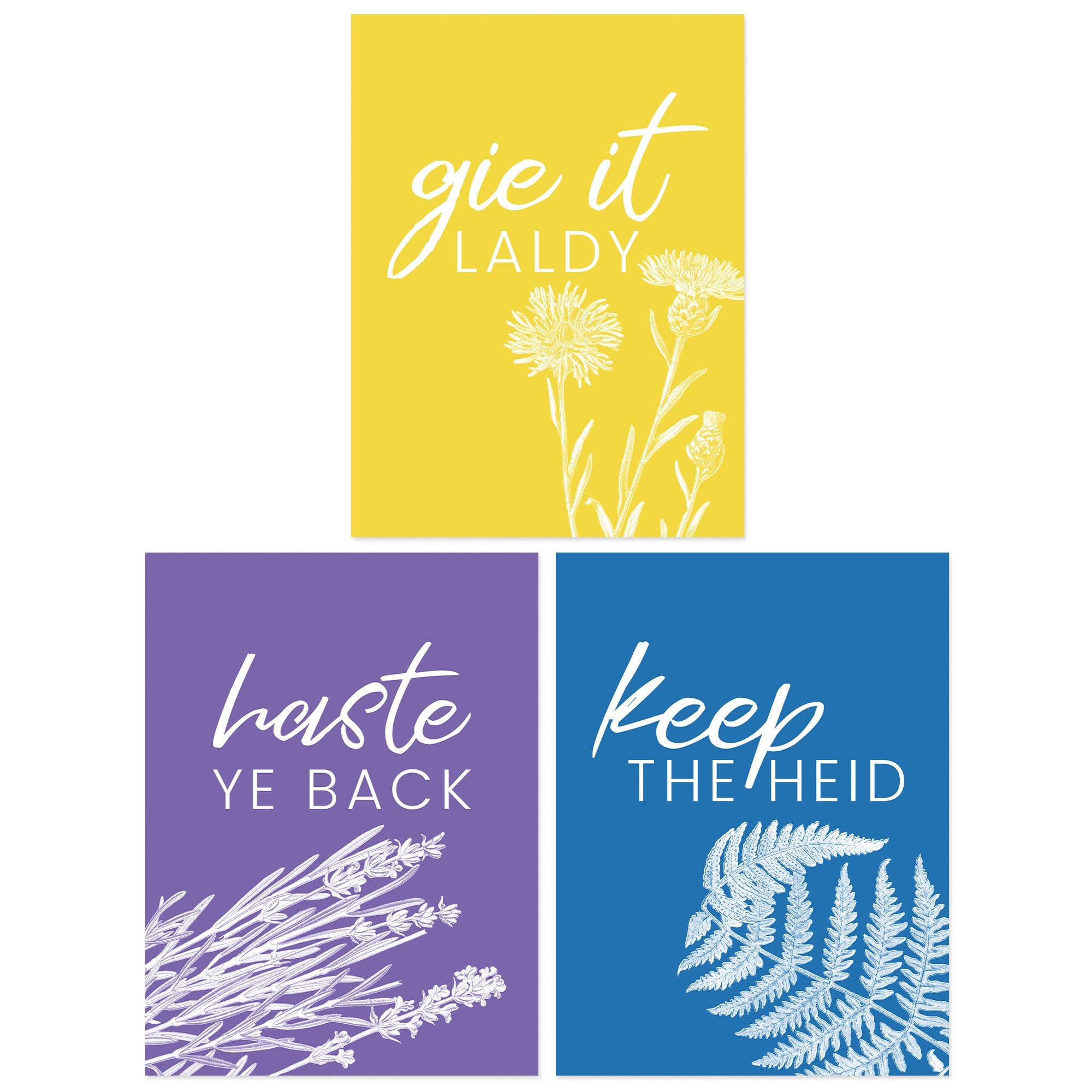 Wall Art Print Pack 3 A4 Floral Scottish Sayings Yellow Purple Colourful Botanical Typography Living Room s Set