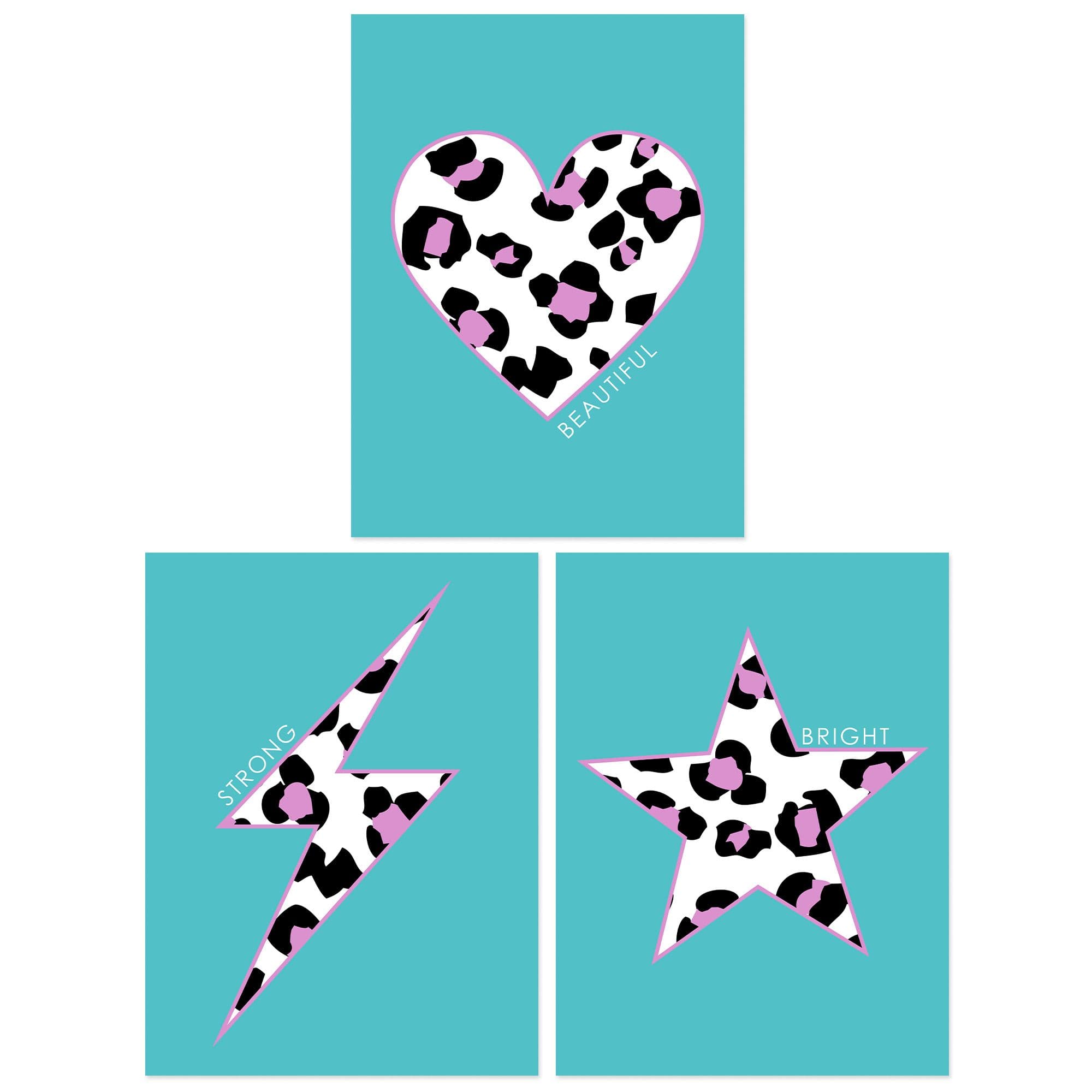 Wall Art Print Pack of 3 A4 Purple Leopard Pattern Heart Lightning Star Shape On Block Turquoise Living Room s Set