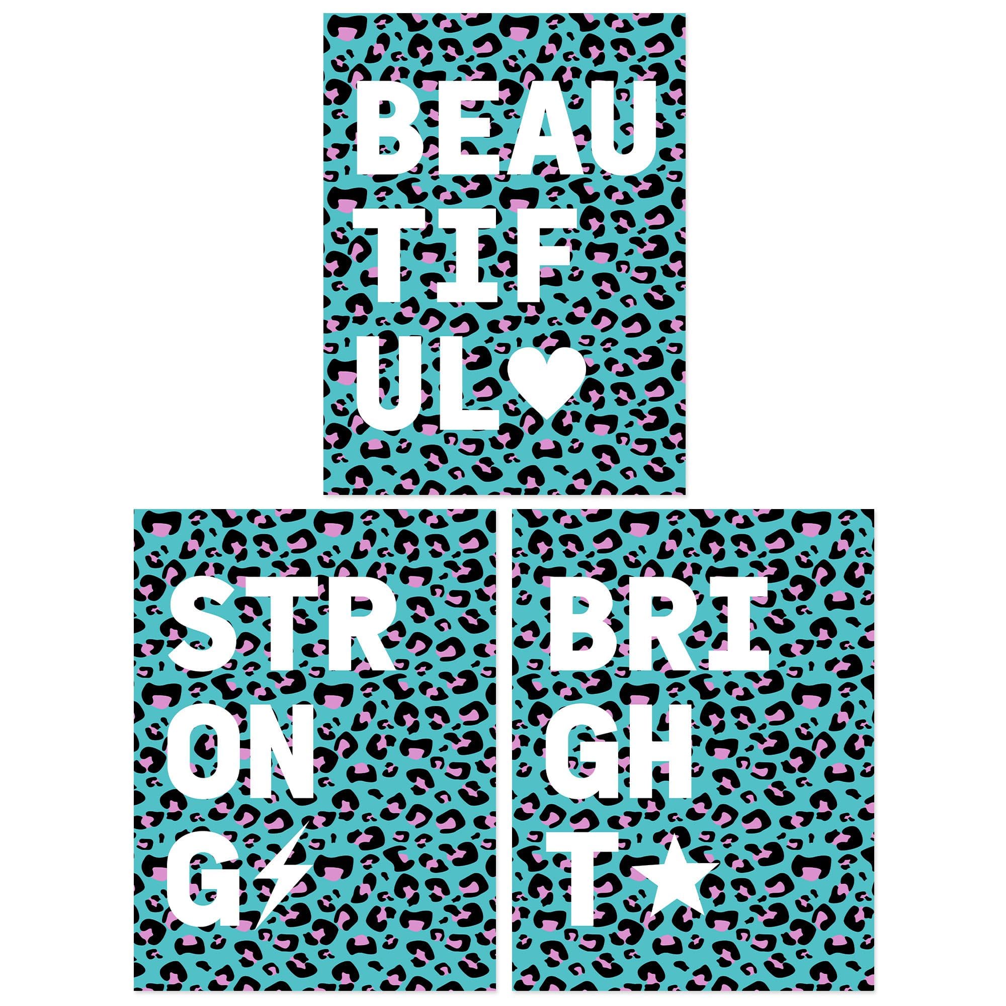 Wall Art Print Pack 3 A4 Leopard Pattern Beautiful Strong Bright Typography on Turquoise Living Room s Set