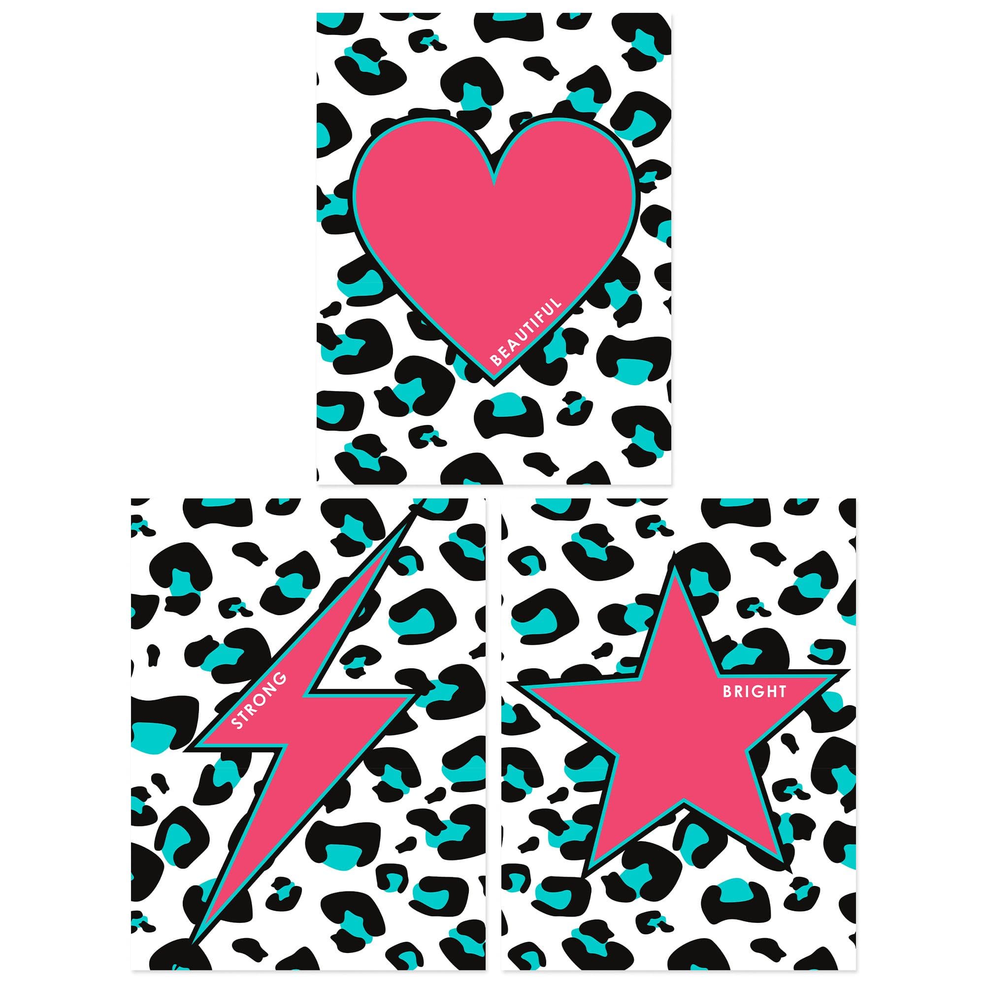 Wall Art Print Pack of 3 A4 Pink Heart Lightning Star Shape on Blue Leopard Pattern Beautiful Strong Bright Bedroom Living Room s Set
