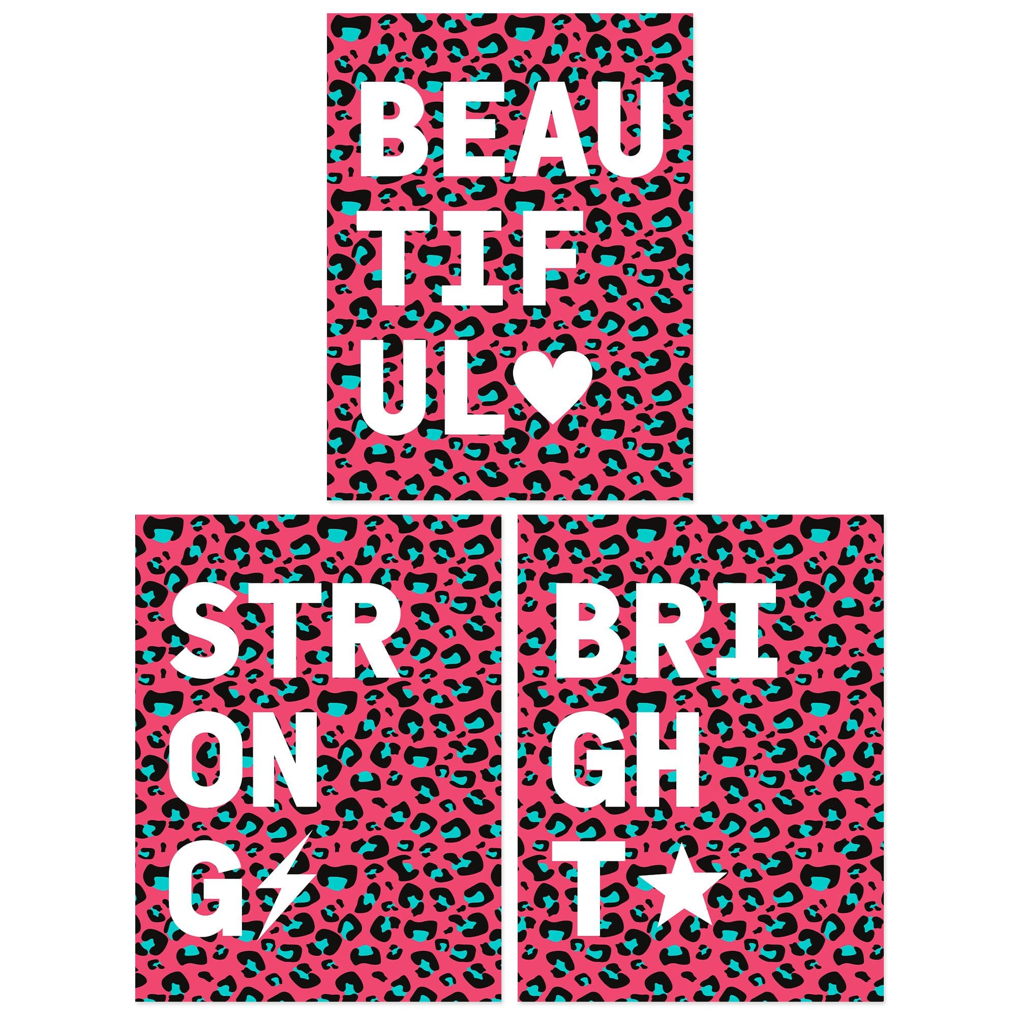 Wall Art Print Pack 3 A4 Beautiful Strong Bright Typography on Pink Leopard Pattern Bedroom Living Room s Set