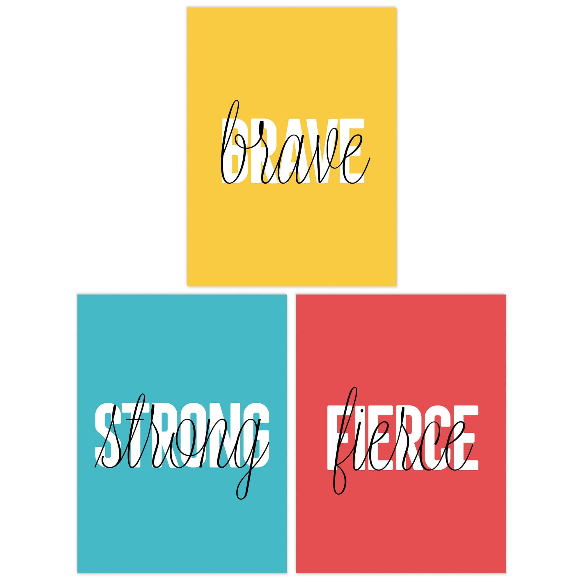 Wall Art Print Pack 3 A4 Brave Fierce Strong Capital Lowercase Letters Bright Yellow Red Typography Living Room s Set