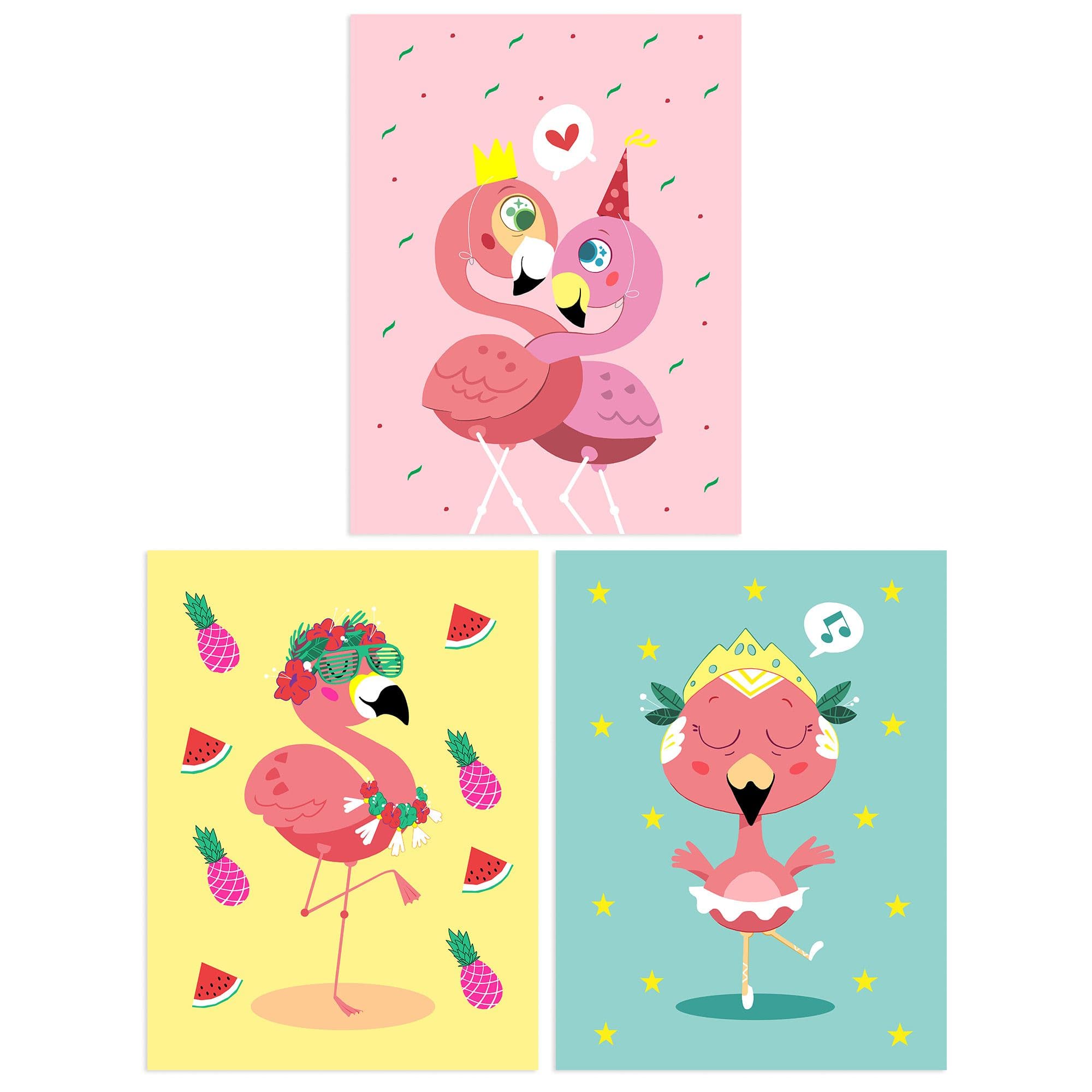 Wall Art Print Pack of 3 A4 Kids Bedroom Nursery Cute Flamingo Bird Party Couple Ballerina Bright Pastel Colour Living Room s Set