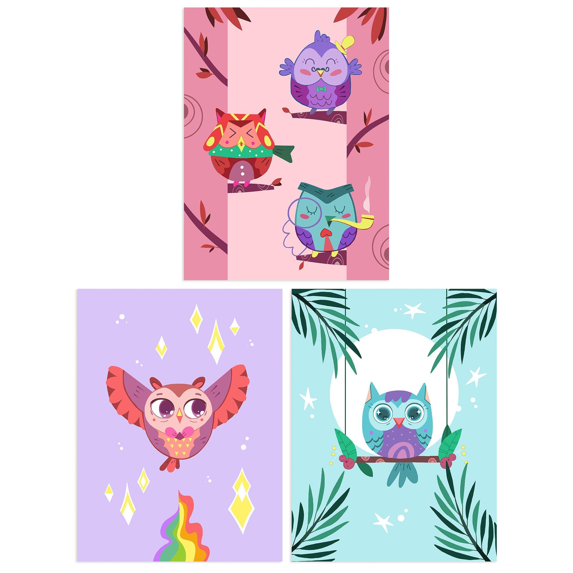 Wall Art Print Pack of 3 A4 Kids Bedroom Nursery Cute Multicoloured Owl Bird Autumn Moonlight Rainbow Living Room s Set
