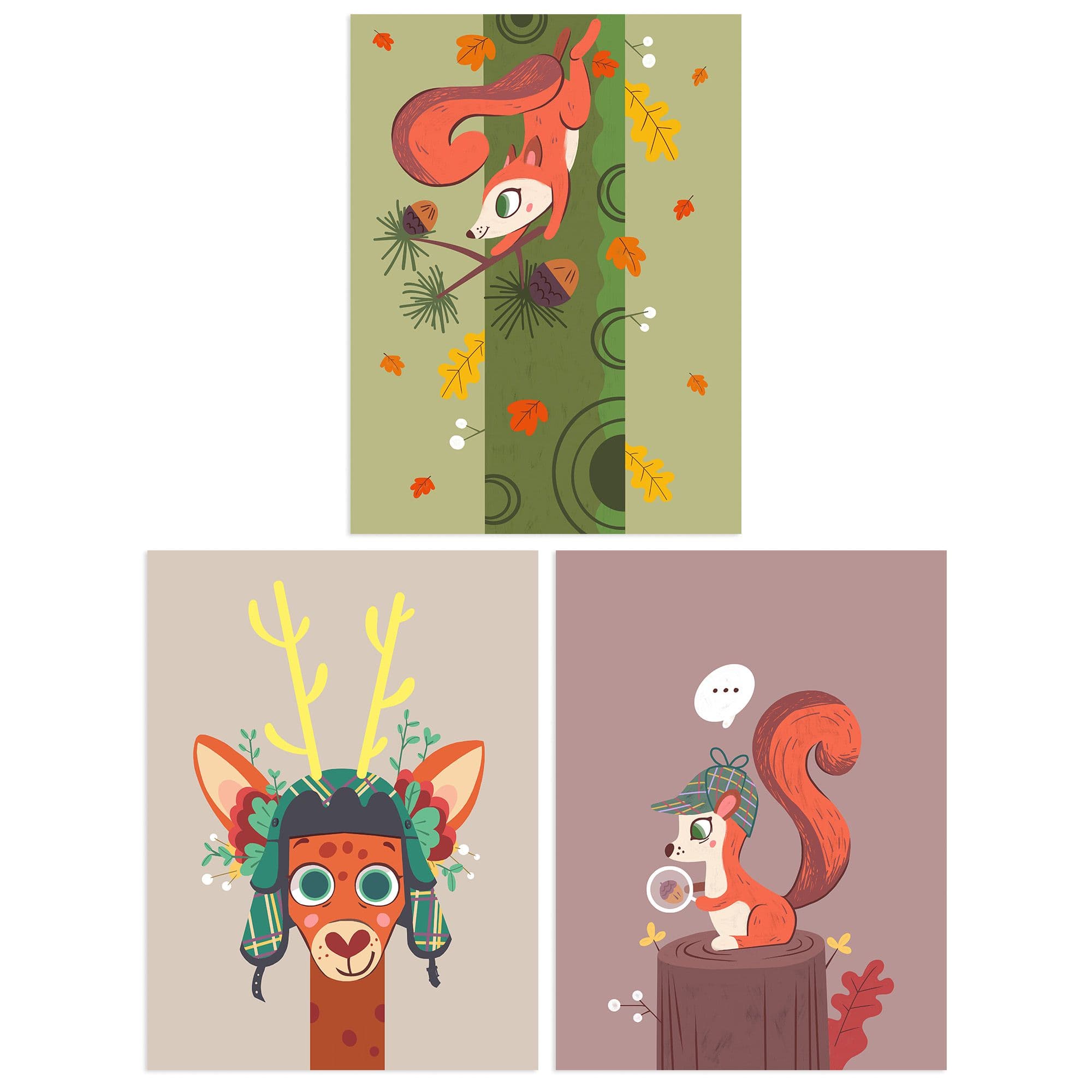 Wall Art Print Pack 3 A4 Bedroom Nursery Cute Woodland Creatures Squirrel Deer Pastel Living Room s Set