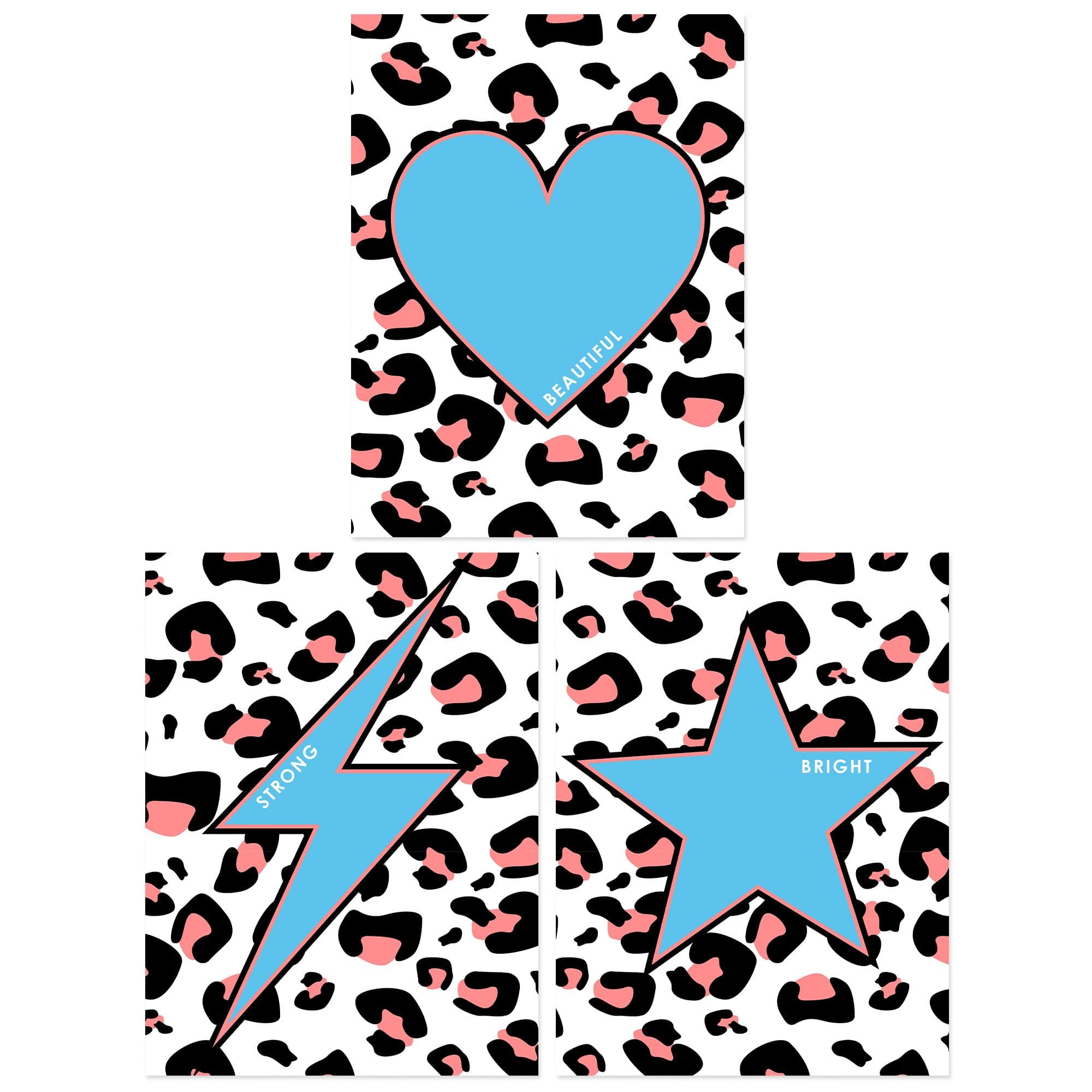 Wall Art Print Pack of 3 A4 Beautiful Strong Bright Heart Lightning Star Blue on Pink Leopard Pattern Living Room s Set