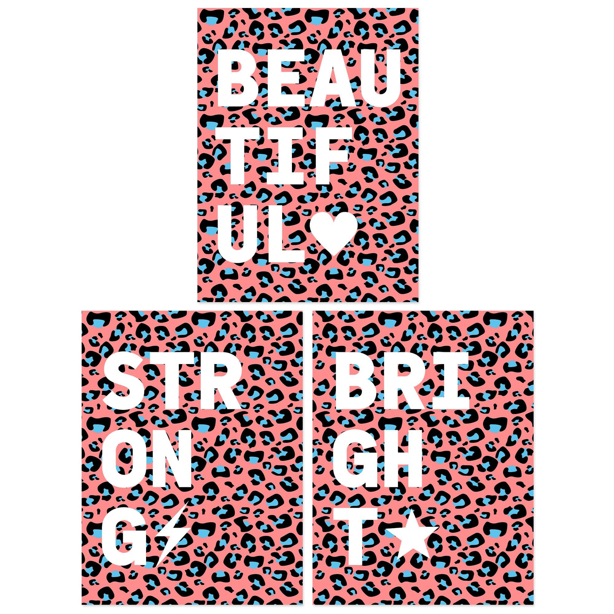 Wall Art Print Pack of 3 A4 Beautiful Strong Bright Typography on Blue Pink Leopard Pattern Living Room s Set