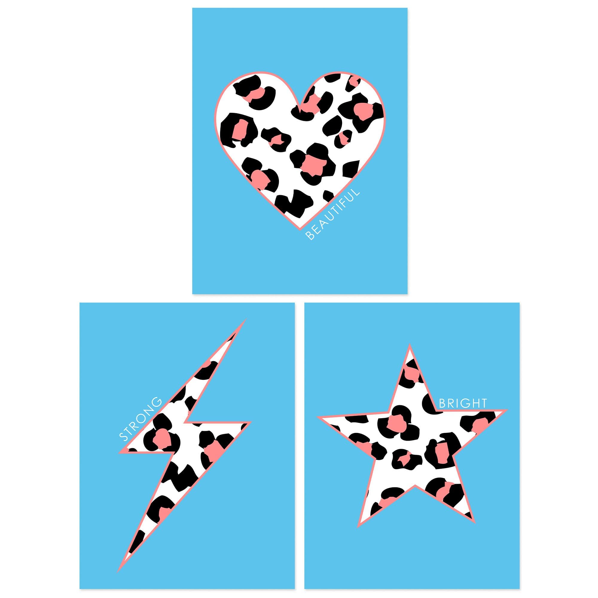 Wall Art Print Pack of 3 A4 Pink Leopard Pattern Heart Lightning Star on Blue Beautiful Strong Bright Living Room s Set