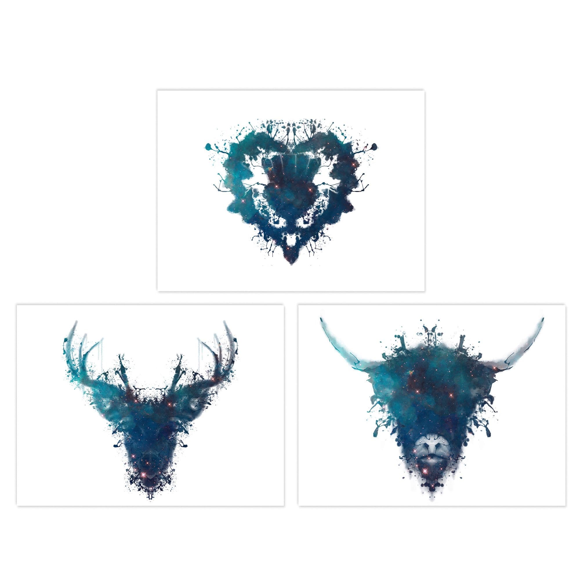 Wall Art Print Pack 3 A4 Ink Splat Thistle Heart Flower Hairy Coo Cow Stag Celestial Space Scottish Painting Living Room s Set