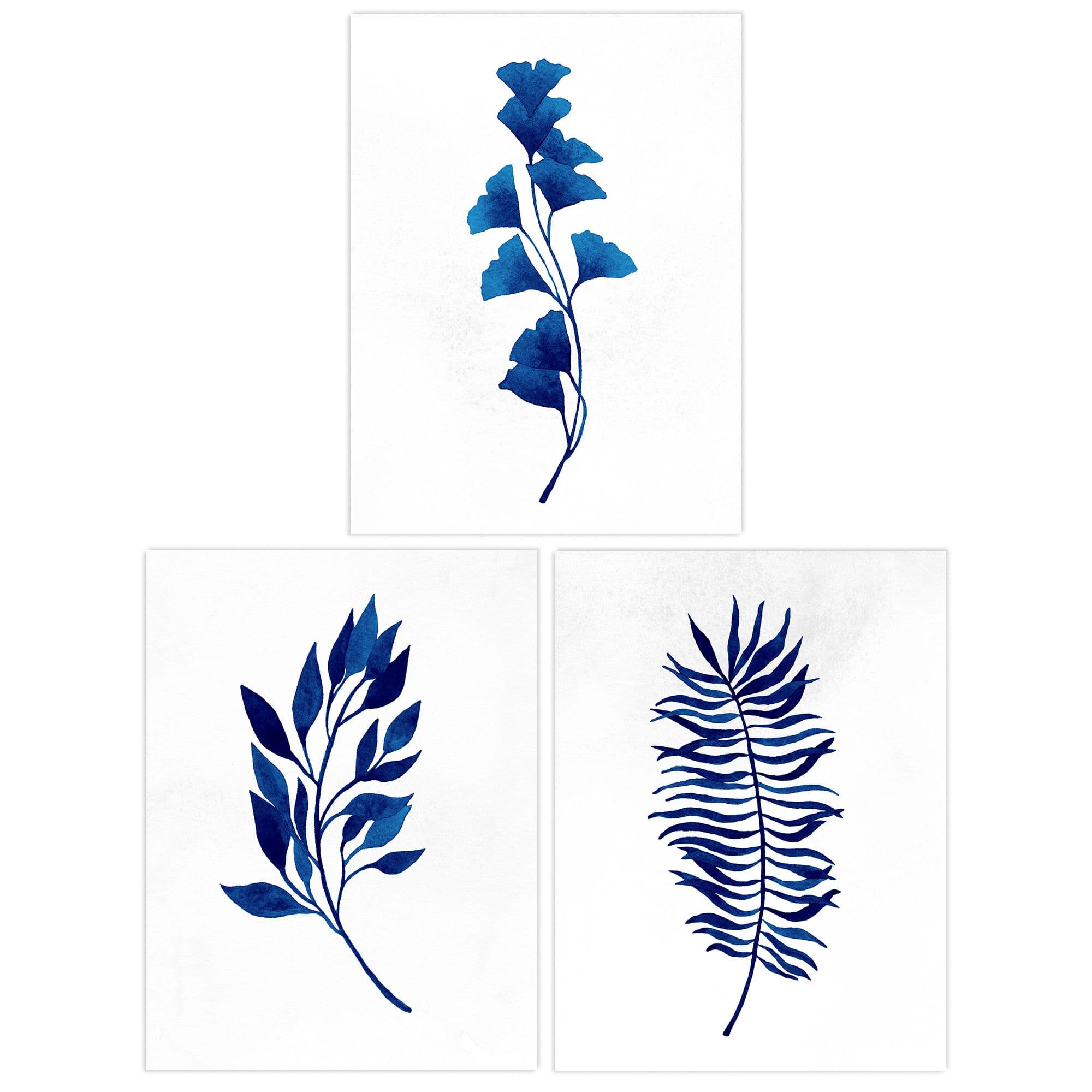 Wall Art Print Pack of 3 A4 Simple Elegant Flower Plant Leaf Foliage Cobalt Blue Watercolour Living Room s Set