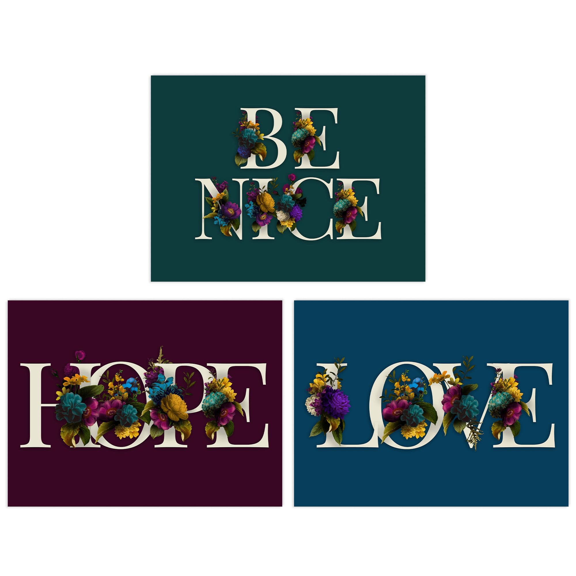 Wall Art Print Pack 3 A4 Be Nice Hope Love Ocean Purple Floral Blooms Typography Living Room s Set