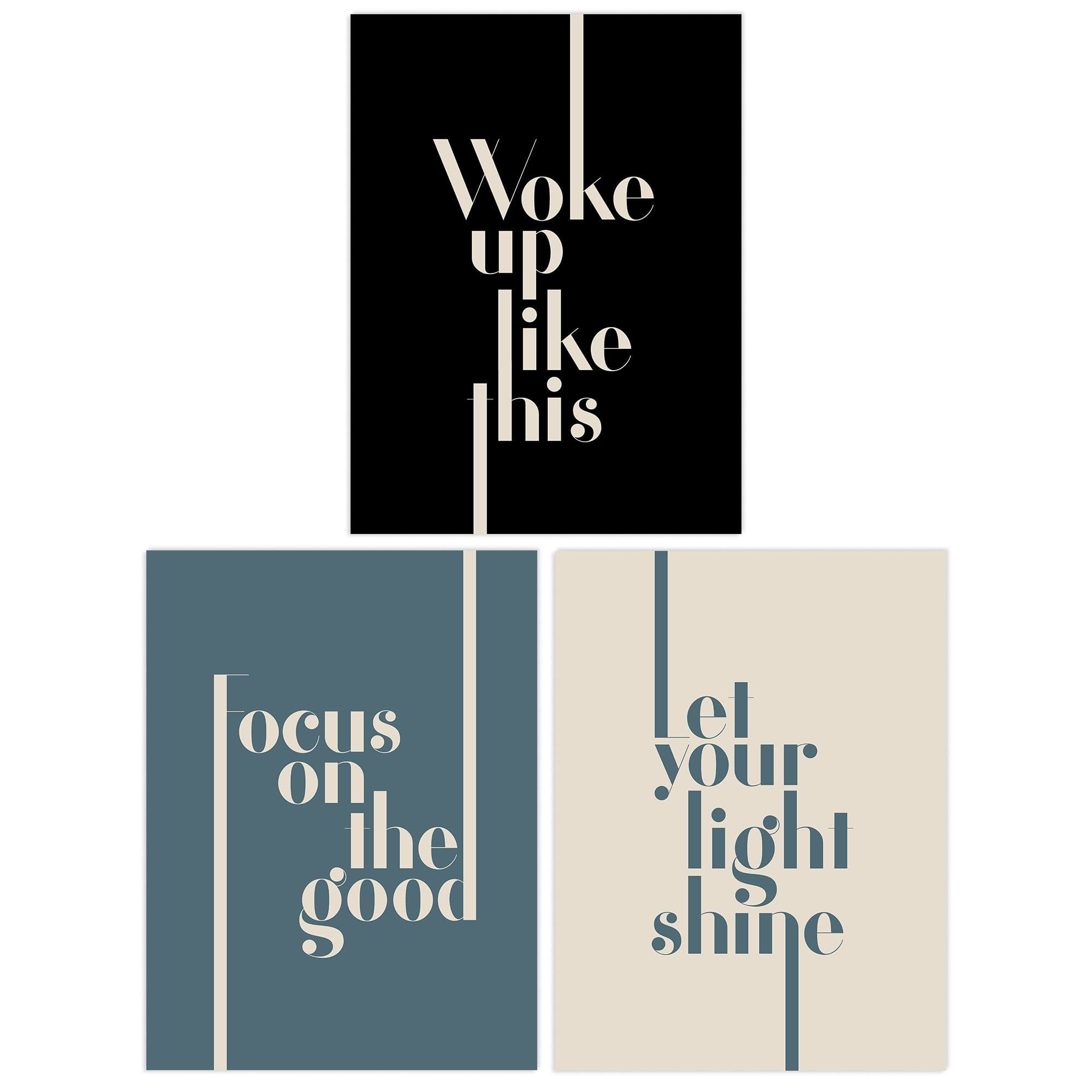 Wall Art Print Pack of 3 A4 Let Your Light Shine Woke Up Like This Focus On the Good Boho Quote Muted Typography Living Room s Set