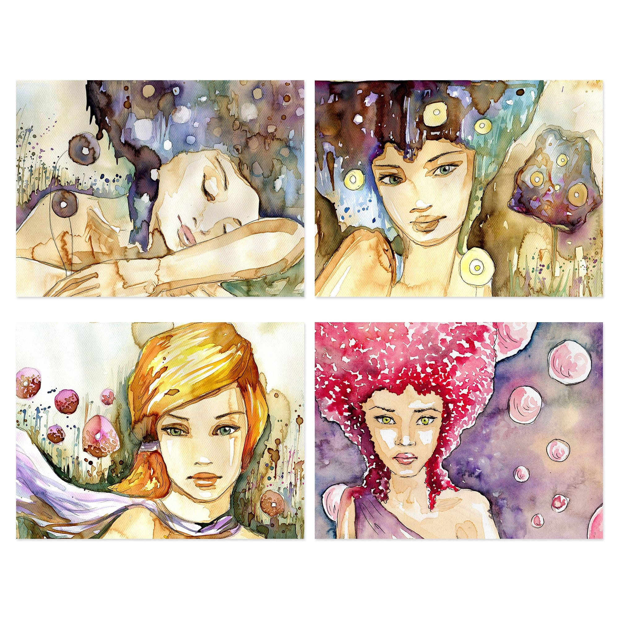 Wall Art Print Pack of 4 A4 Watercolour Women Portrait Modern Boho Painting Living Room s Set