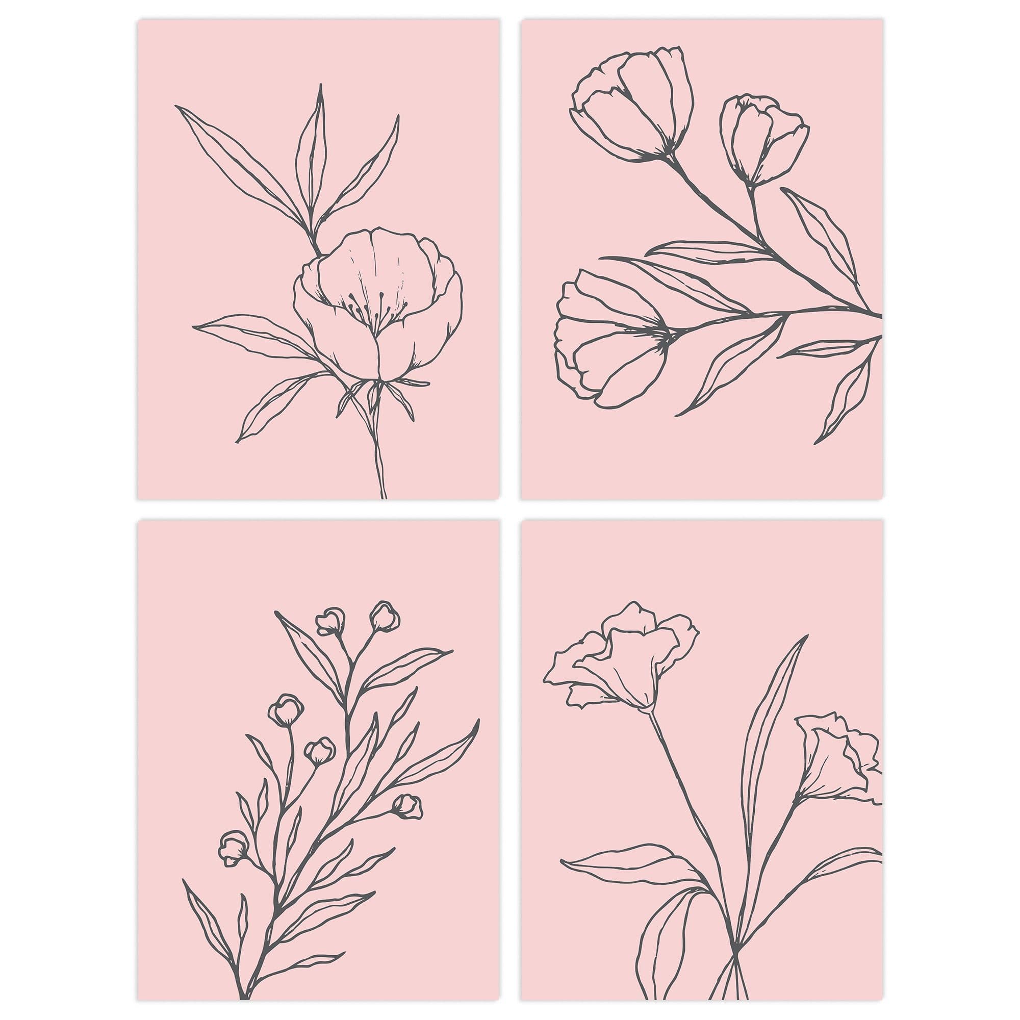 Wall Art Print Pack 4 A4 Minimalist Wildflower Outline on Pastel Pink Simple Floral Living Room s Set