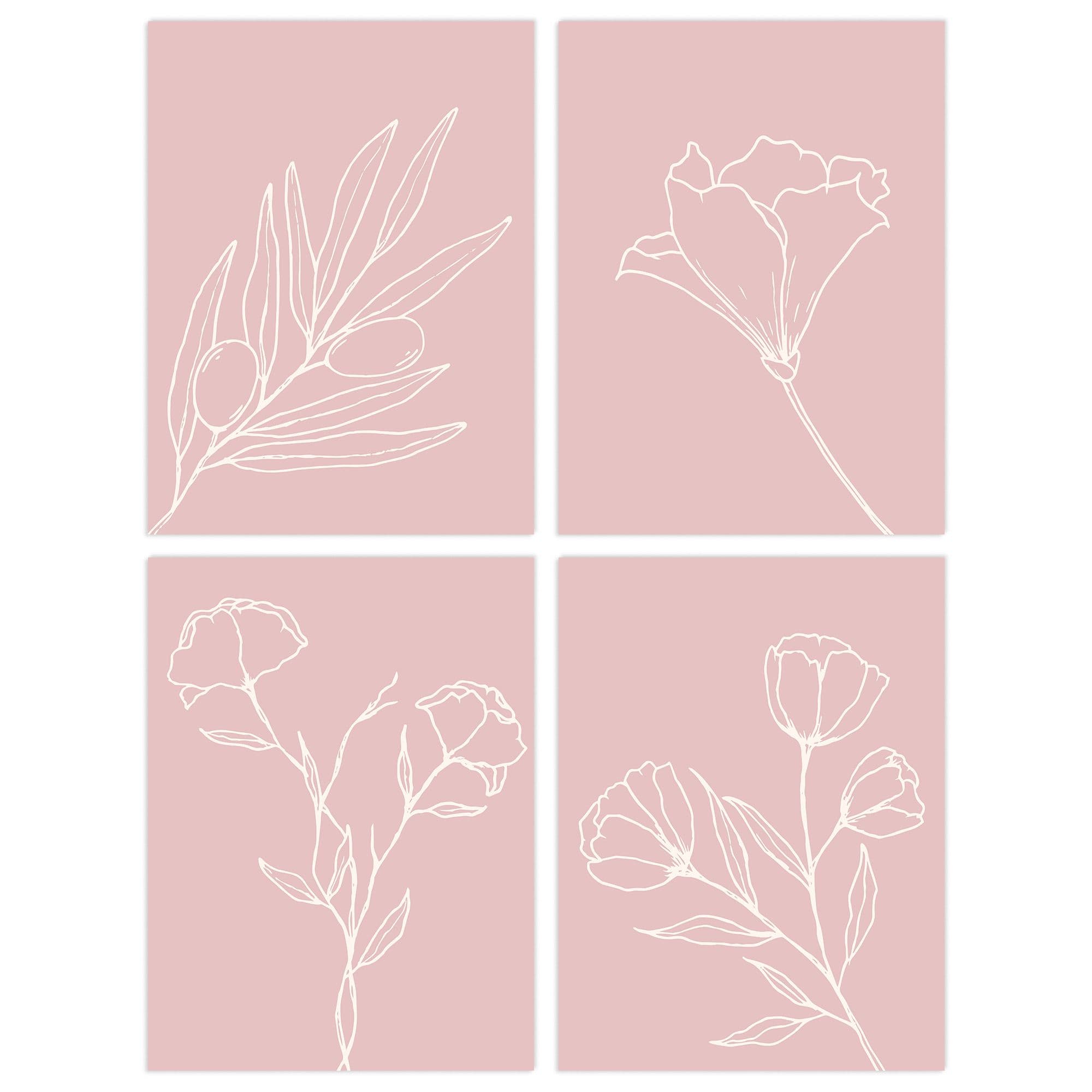 Wall Art Print Pack of 4 A4 Minimalist Wildflower Outline Cream on Pastel Pink Simple Floral Living Room s Set