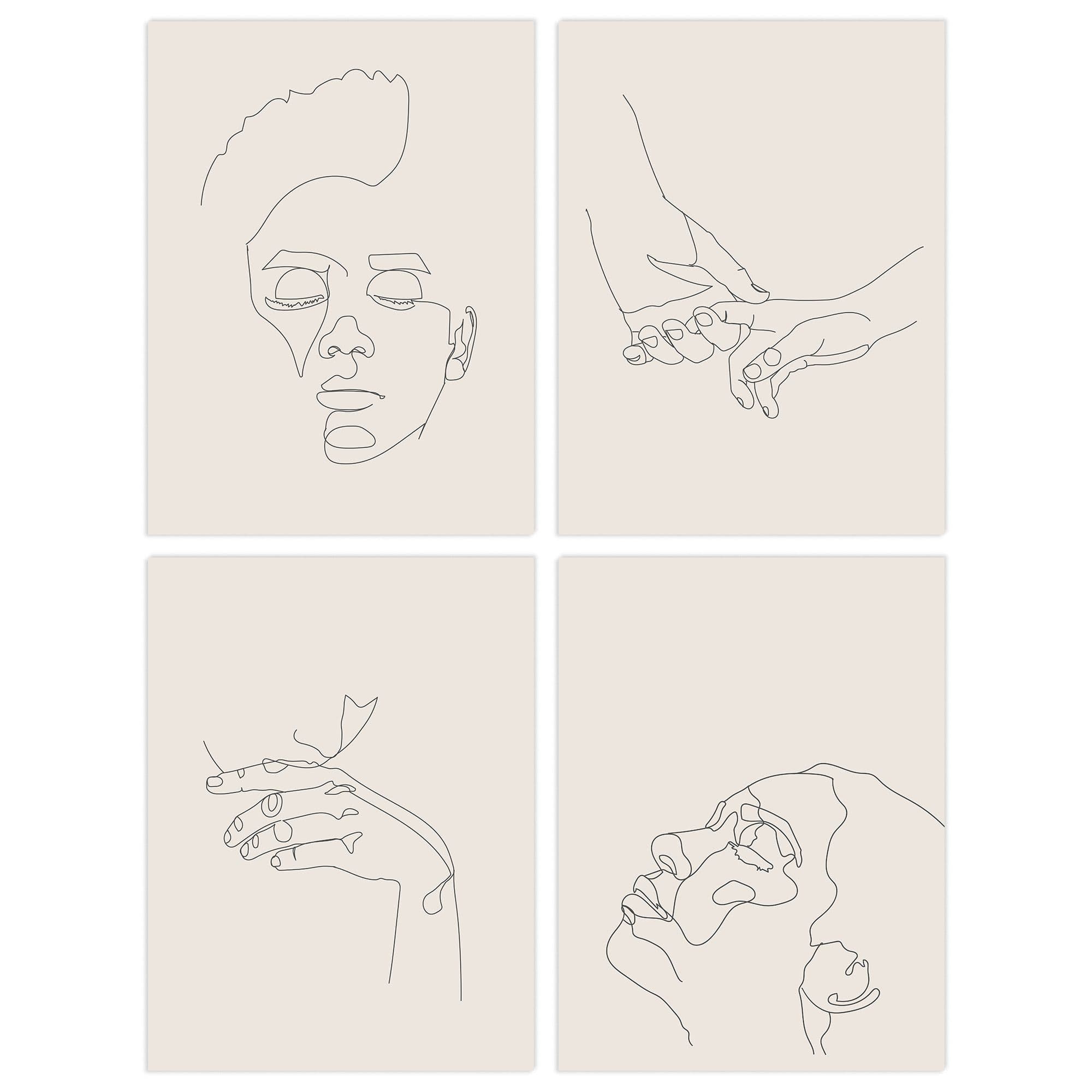 Wall Art Print Pack 4 A4 Minimalist Simple Line Drawing Faces Hands on Cream Living Room s Set