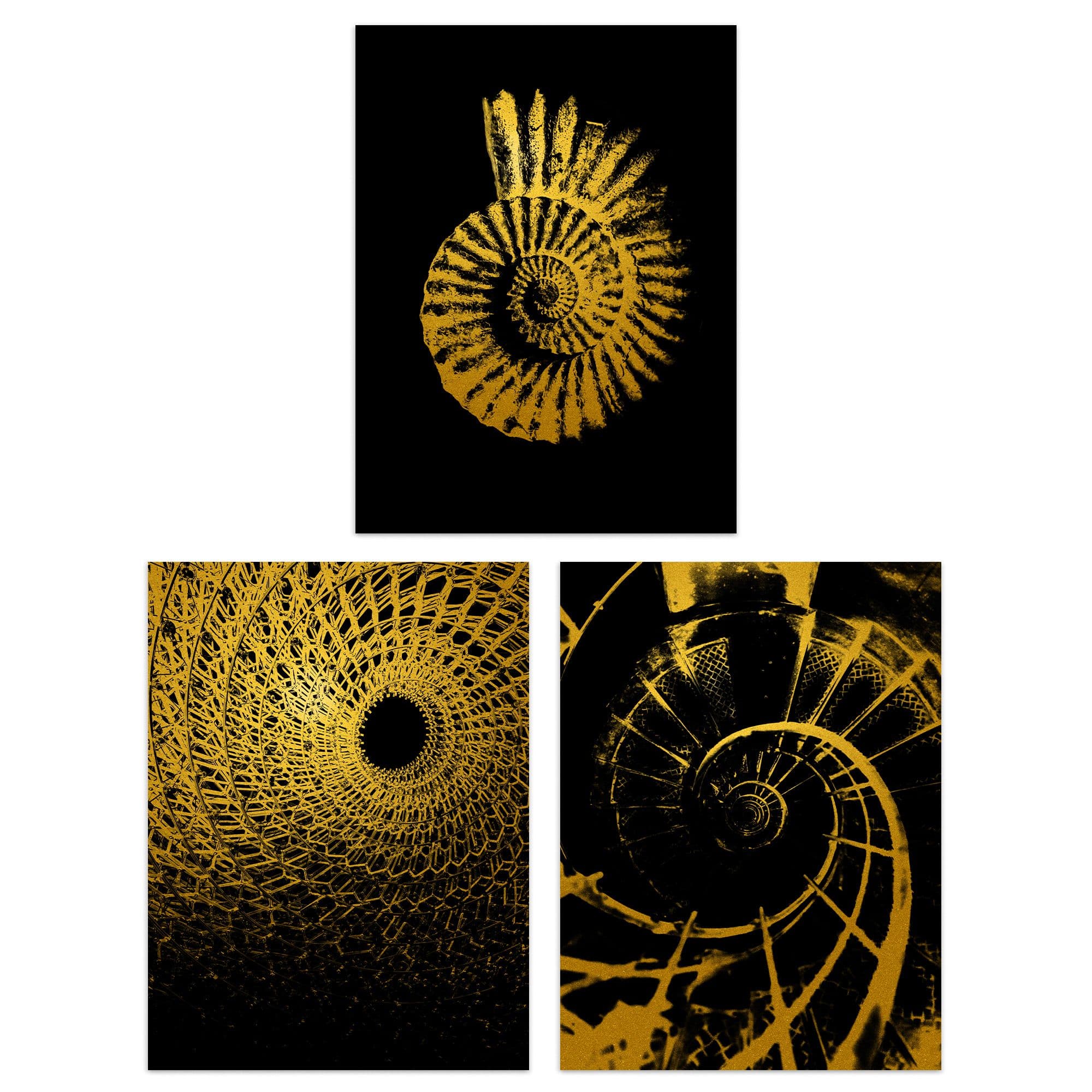 Wall Art Print Pack 3 A4 Abstract Spiral Shapes Chain Link Shell Staircase Gold Effect On Living Room s Set