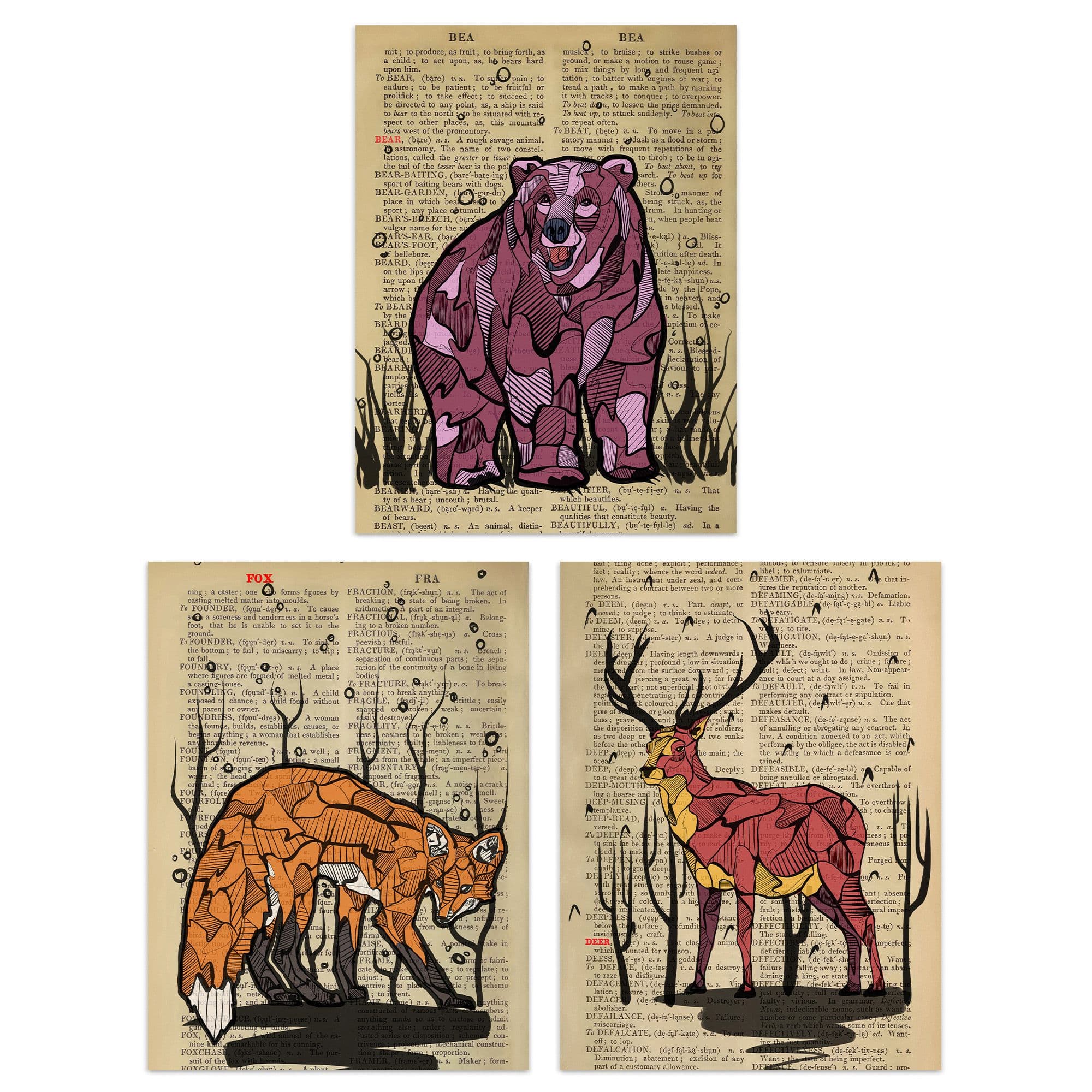 Wall Art Print Pack of 3 A4 Upcycle Dictionary Page Animals Fox Bear Stag Deer Living Room s Set