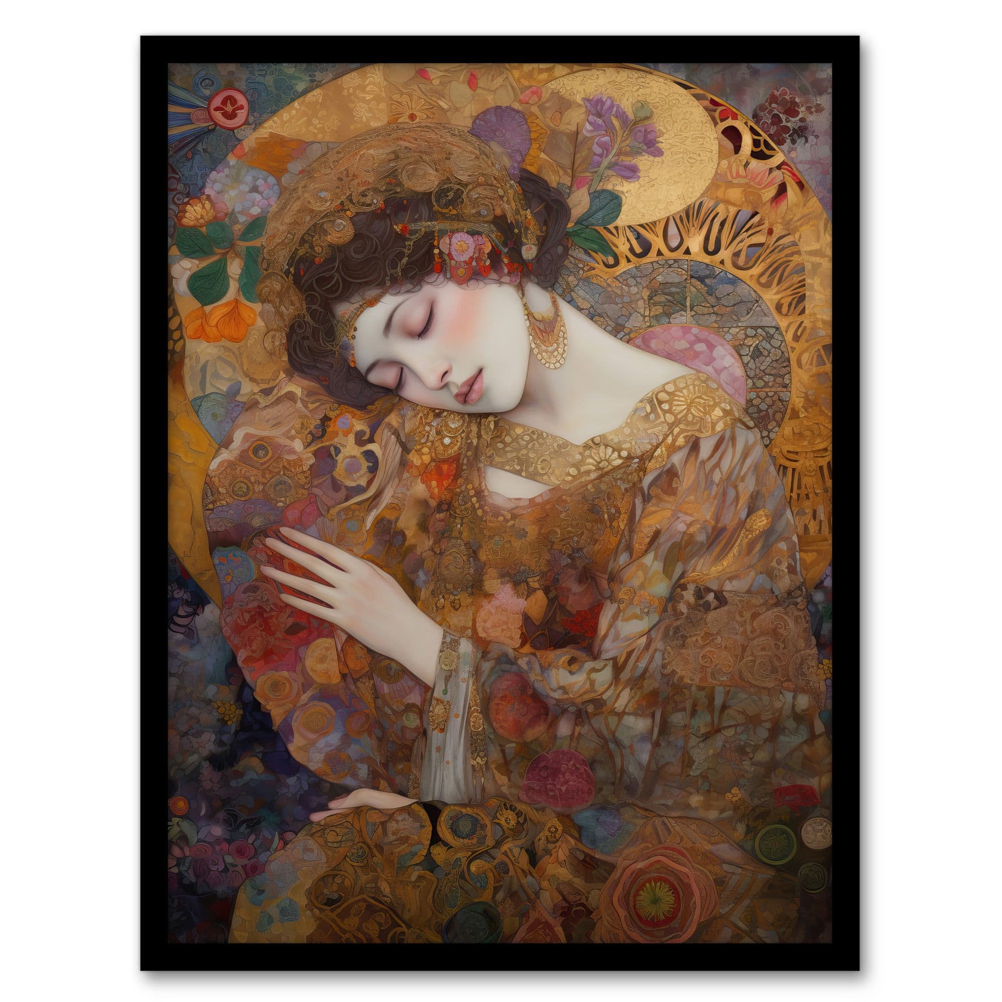 Asleep Gustav Klimt Inspired Portrait Woman Bedroom Artwork Framed Wall Art Print A4
