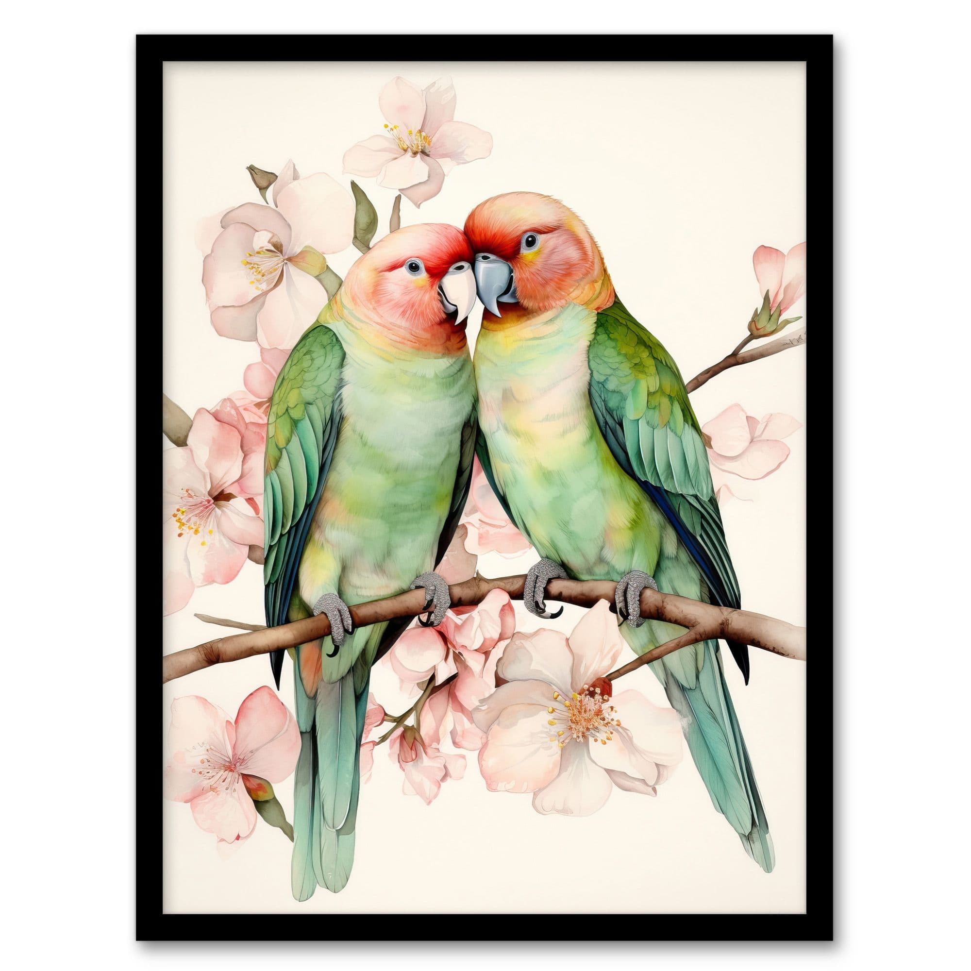 Birds Feather Love Birds Perched On Cherry Bloom Artwork Framed Wall Art Print A4