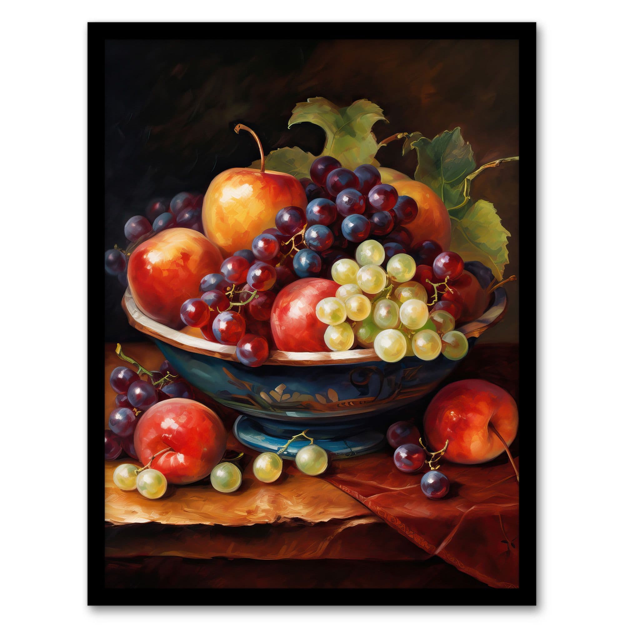 Classical Still Life Fruit Bowl Oil Painting Kitchen Artwork Framed Wall Art Print A4