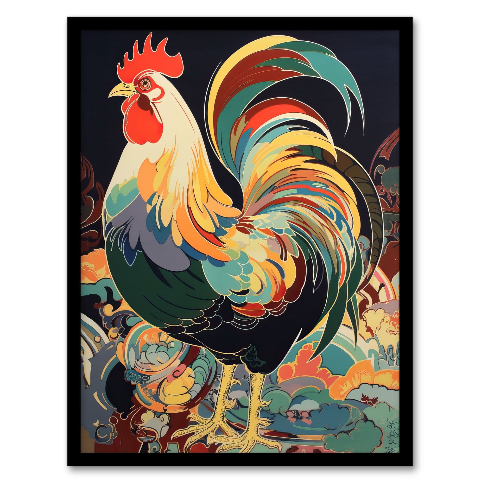 Cockerel Cock Rooster Modern Flamboyant Colourful Painting Art Print Framed Poster Wall Decor 12x16 inch