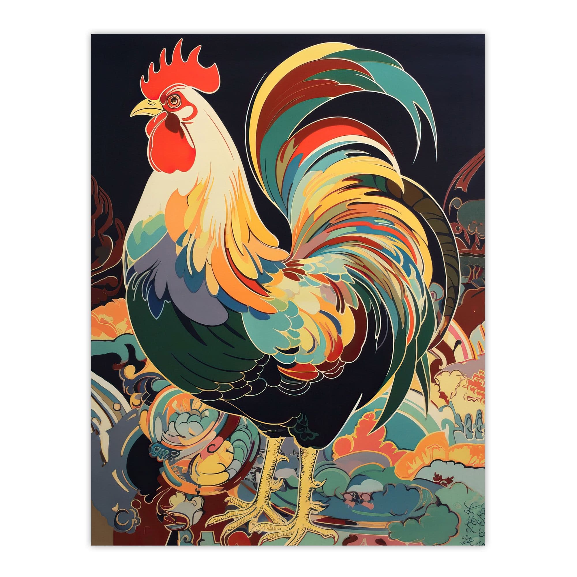 Cockerel Cock Rooster Modern Flamboyant Colourful Painting Large Wall Art Poster Print Thick Paper 18X24 Inch