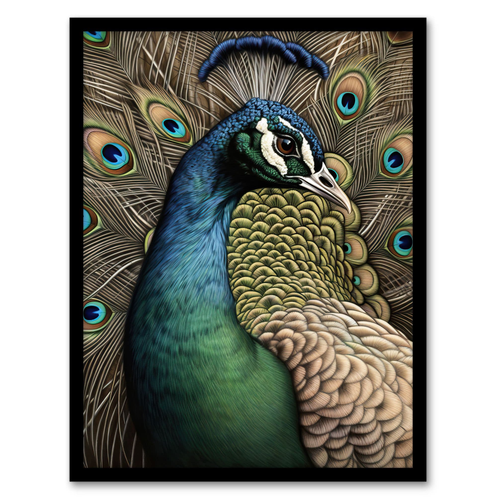 Curious Peacock Detailed Pen And Ink Study Turquoise Modern Artwork Framed Wall Art Print A4