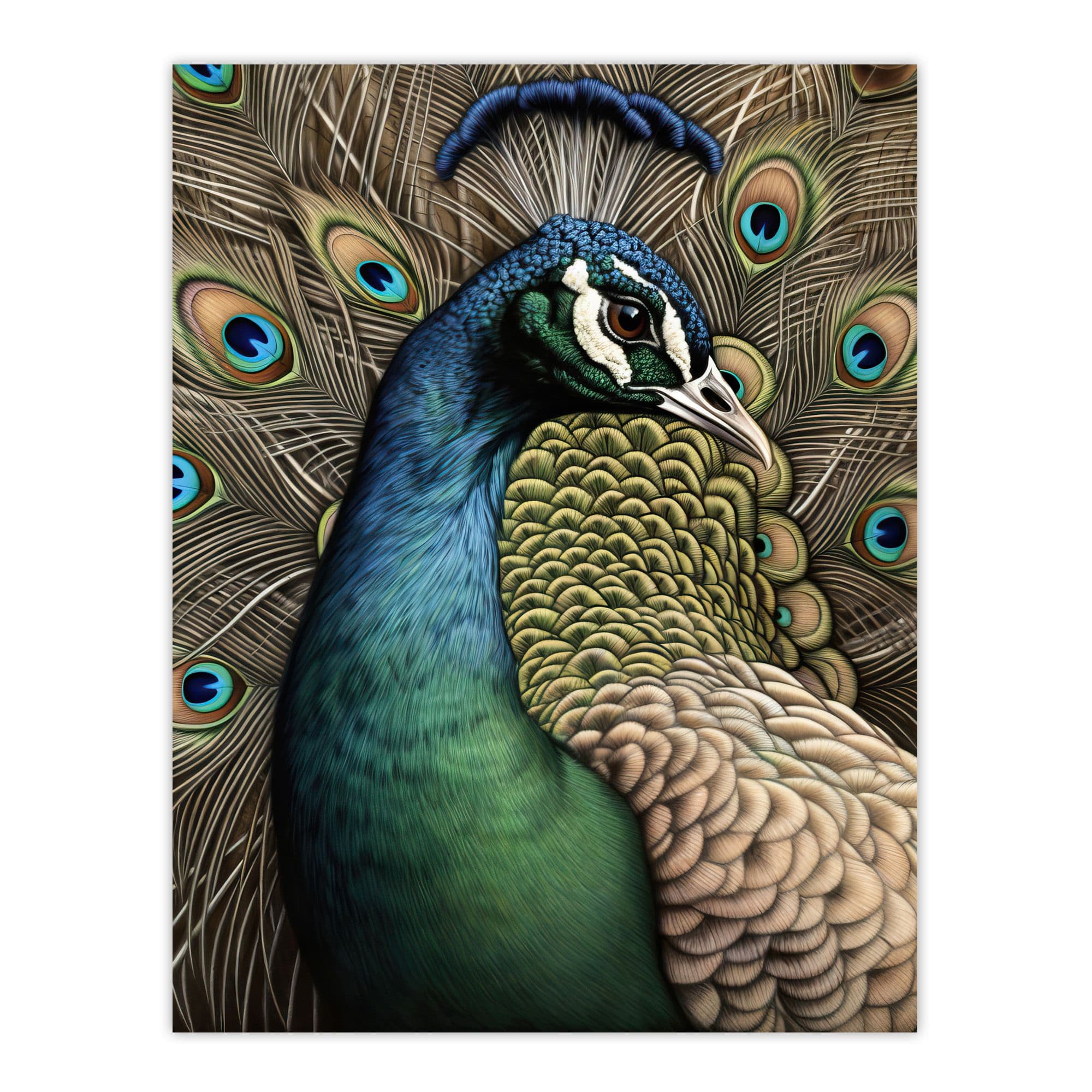 Curious Peacock Detailed Pen And Ink Study Turquoise Modern Large Wall Art Poster Print Thick Paper 18X24 Inch