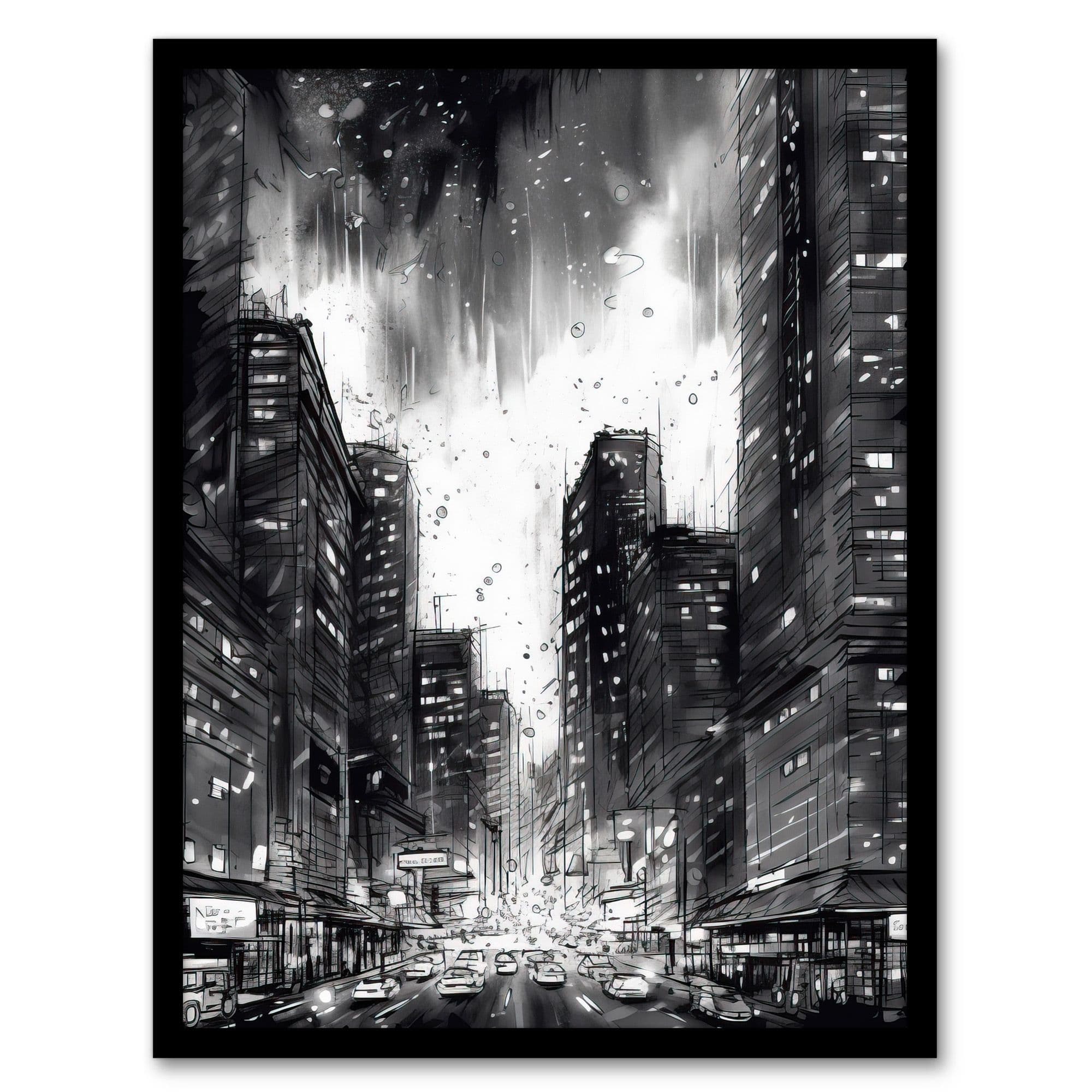 Downtown Chicago Ink Sketch Cityscape Pen And Ink Charcoal Dark Moody Art Print Framed Poster Wall Decor 12x16 inch